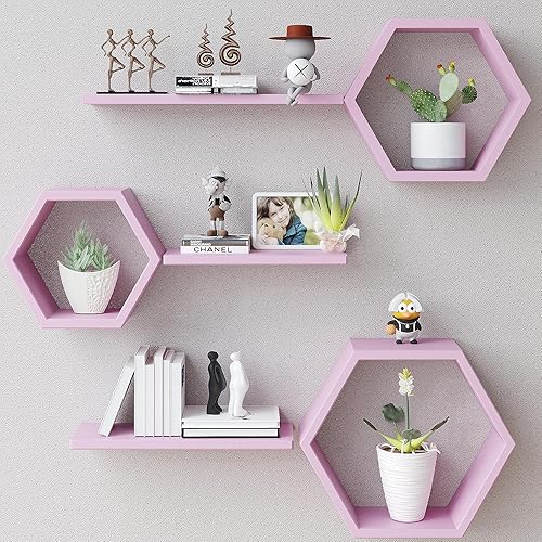 Miniatura 10 de Estantes flotantes hexagonales de madera para montar en la pared, juego de 6 estantes hexagonales de madera de pino para fotos, plantas, estantes