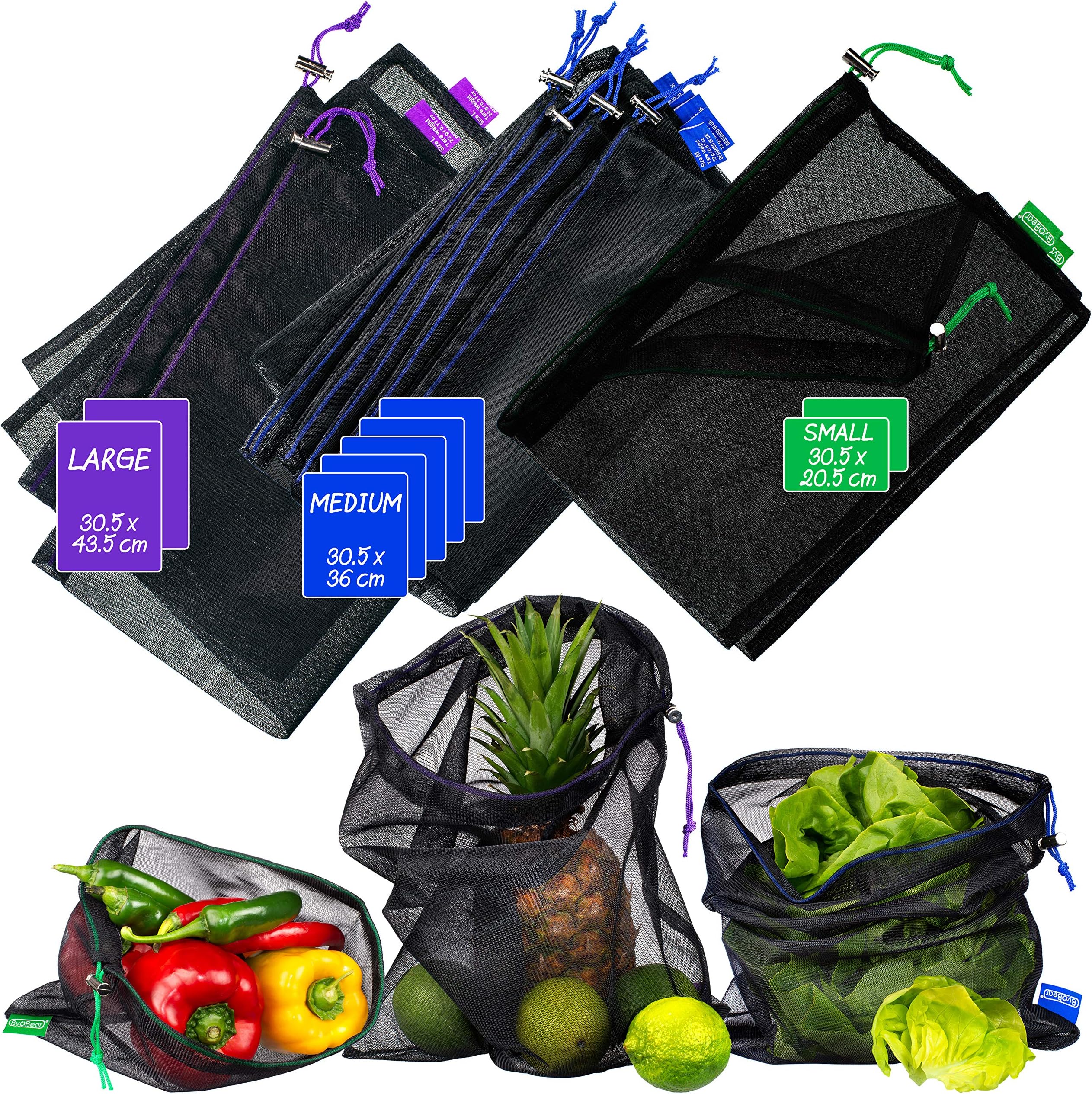 9 x Reusable Mesh Produce Bags by ByoBear™ | Thicker,Lightweight,Washable Produce Bags Eco Friendly Food Grade Fruit & Vegetable Bags | Black Toy Bags for Grocery Shopping, Kitchen Storage