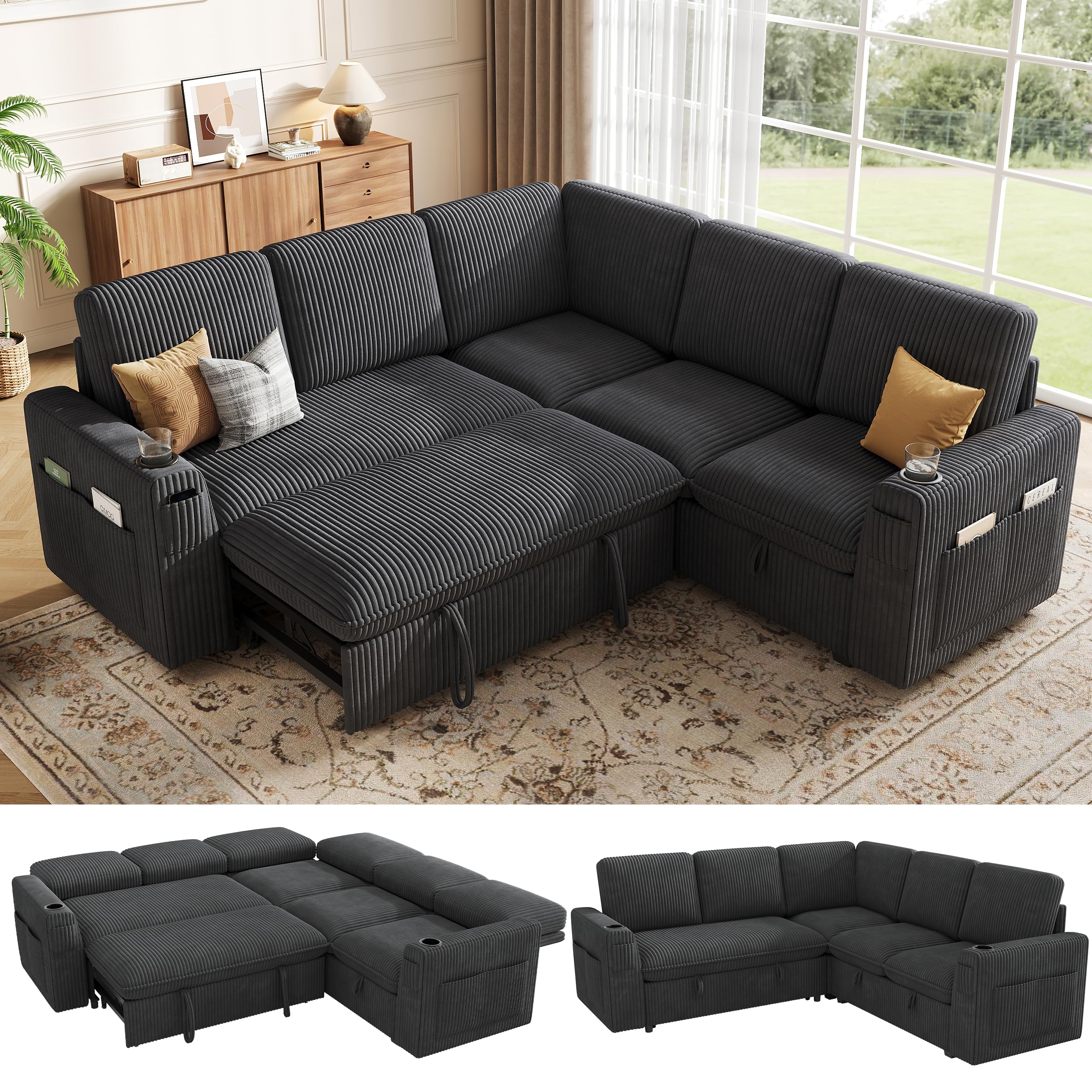 Sectional Sleeper Sofa with Pull Out Bed, Plush Corduroy 5 Seat Modular Sectional Sofa with Storage Chaise and Adjustable Backrest, Cloud Couches for Living Room, Apartment, Dark Grey