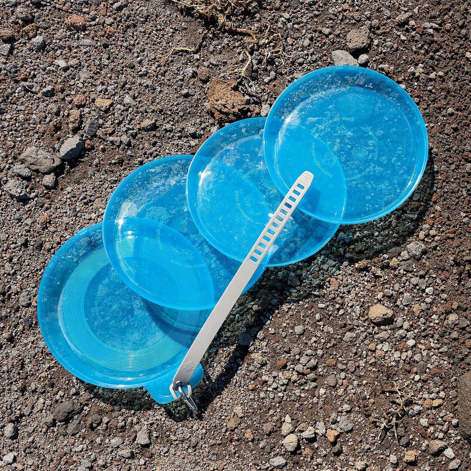 Sun Company Zero Plates - 4-Pack of Stackable Nesting Plates for Camping with Silicone Strap | Dishwasher-Safe Space-Saving Travel Mess Kit | Dinnerware for Backpacking or RV (Blue Ice)
