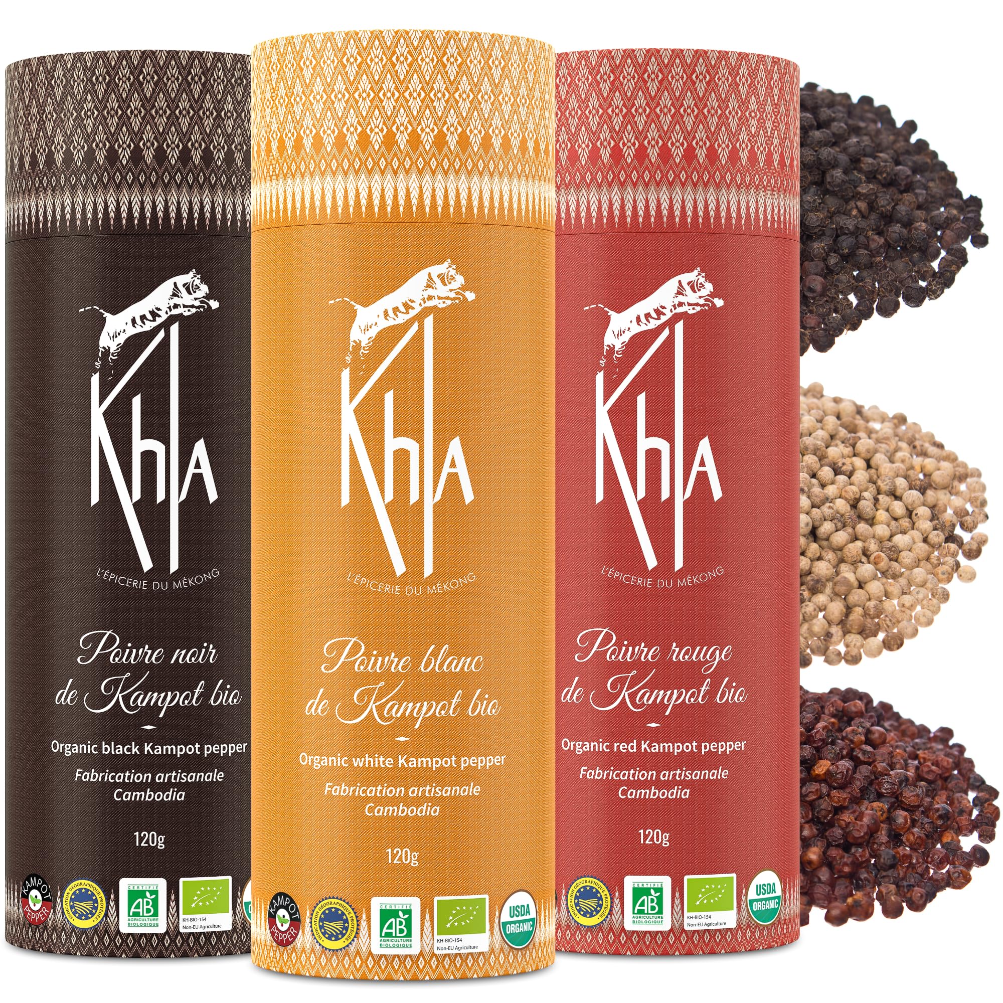 Khla - Set de 3 Pimientas de Kampot - Pimienta Negra, Blanca y Roja - 3 x 120g - Set Regalo Especias de Cocina - Pack Pimentas Gourmet - Regalo para Mujer, Hombre - Origen Camboya