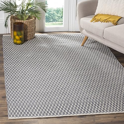 SAFAVIEH Colección Montauk - Alfombra decorativa de 3 x 5 pies, color marfil y azul marino, tejido plano bohemio hecho a mano, de algodón, ideal disponible en Yaxa Peru