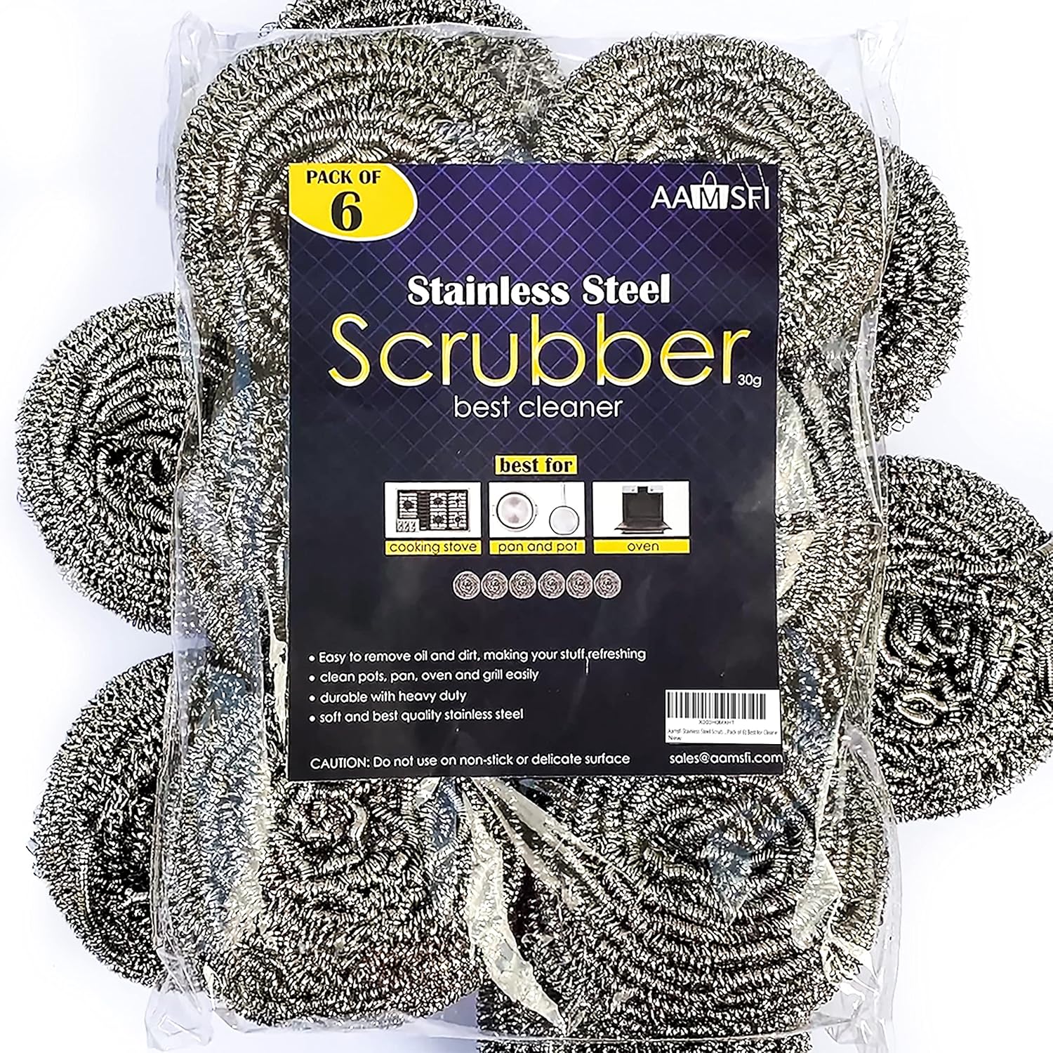 6 Pack Stainless Steel Sponges, Metal Scrubber, Scrubbing Scouring Pad, Pot Scrubbers for Kitchen, Metal Sponge, Steel Wool Scrubber, Steel Wool Pads, for Kitchen, Bathroom