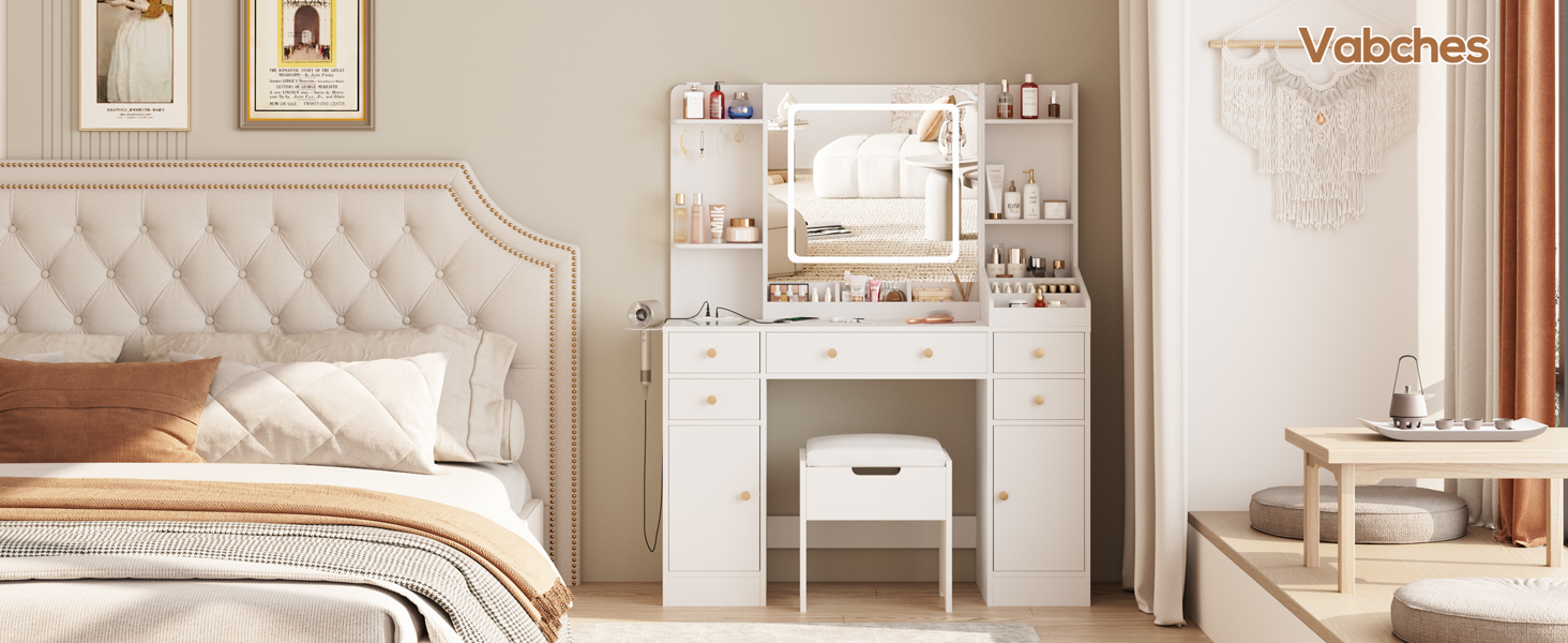 Large Makeup Vanity With 9 Drawers & LED Mirror - White And Gold Vanity Desk With Charging Station