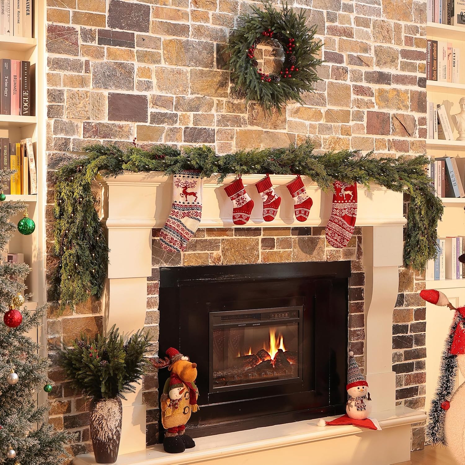 6 Feet Christmas Garland - Real Touch Cedar Garland - Realistic Greenery Cypress Pine Garland for Wall,Table,Fireplace,Mantle,Indoor Outdoor - Christmas Decorations - Free Battery LED Lights