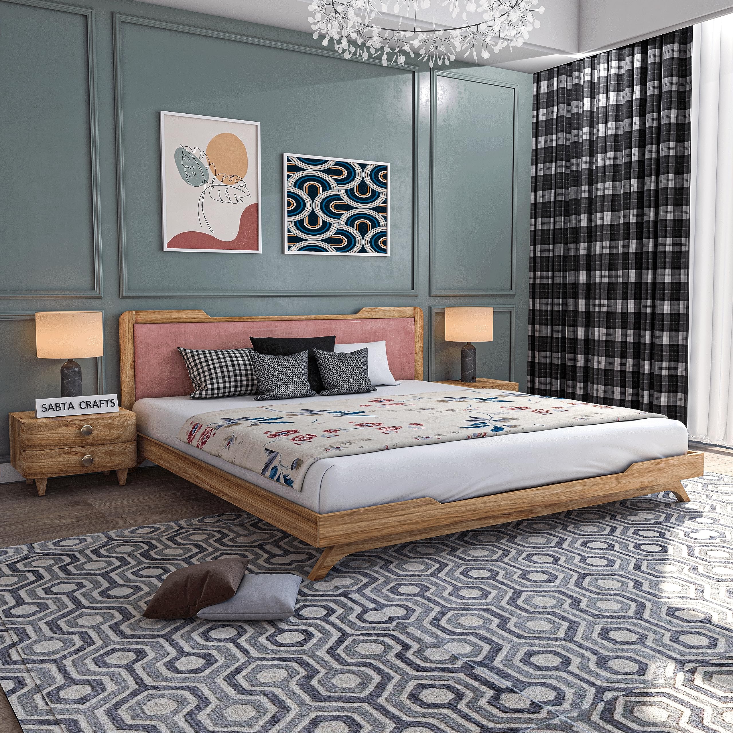 Craft Solid Sheesham Wood Low Height Queen Size Bed Without Storage | Wooden Double Bed | Low Floor/Lying/Rise/Level/Profile Cot with Cushioned Headboard | Brown Finish & Rosedust Cushion