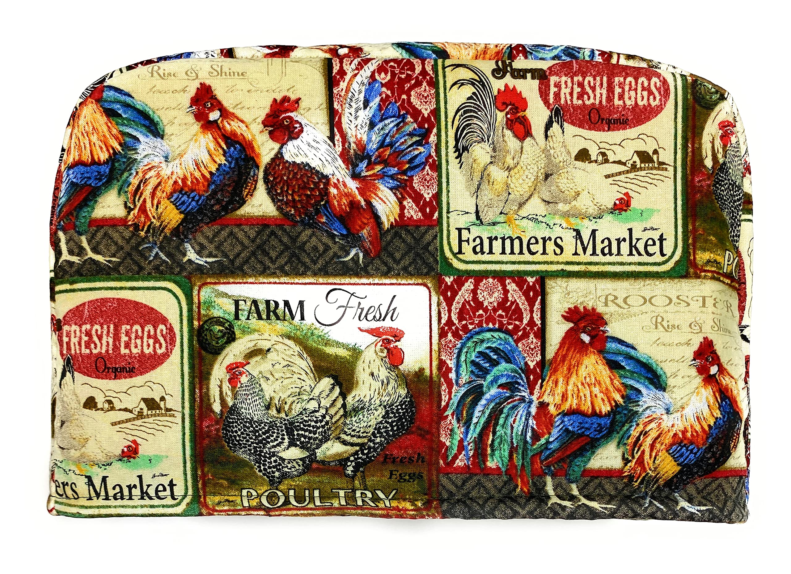 2 Slice Slot Farmer's Market Roosters Barnyard Poultry Fresh Eggs Reversible Toaster Appliance Dust Cover Cozy 11.5(l) x 7.5(h) x 5.5(w)