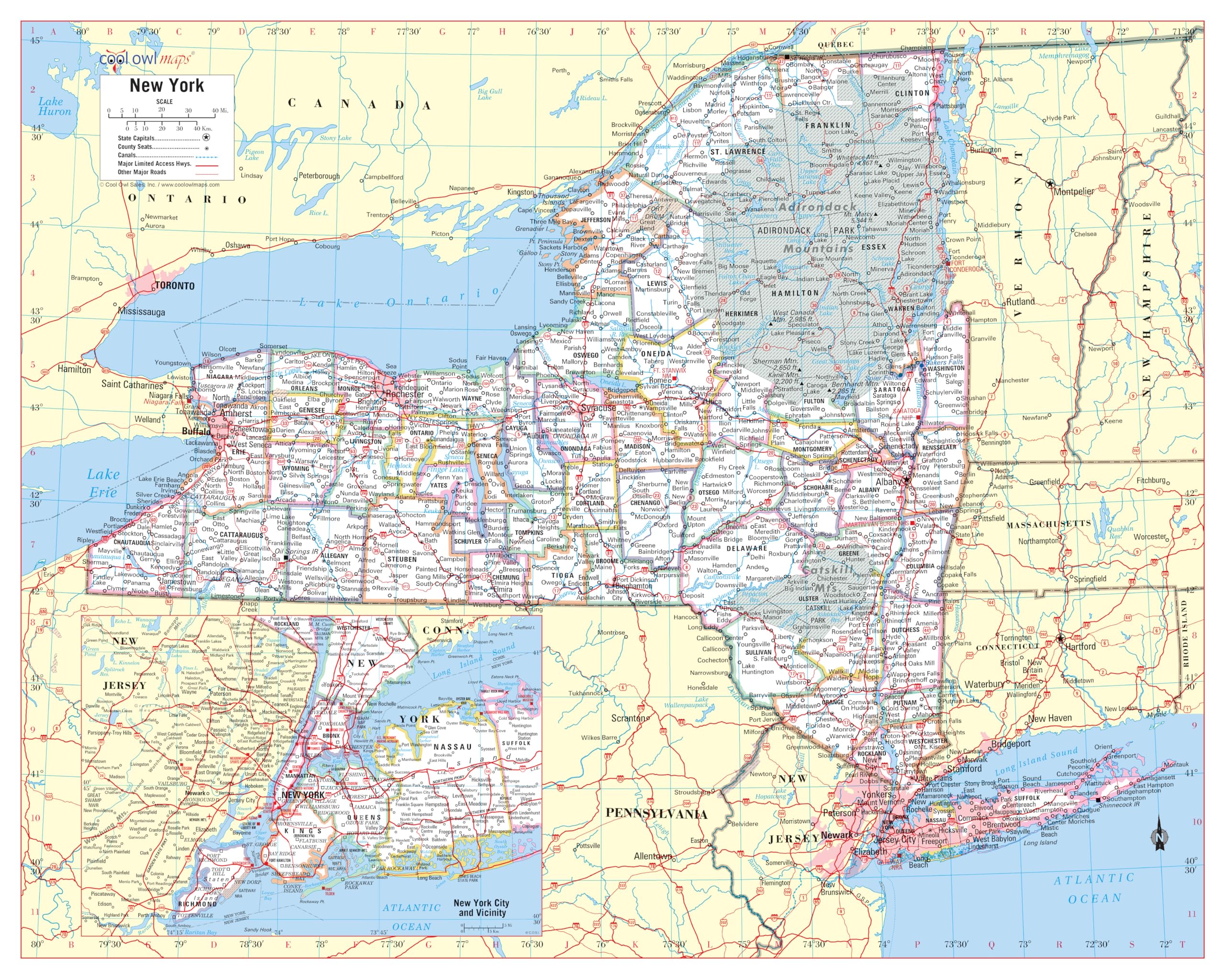 Cool Owl Maps New York State Wall Map Poster Rolled 24"Wx30"H (Paper)