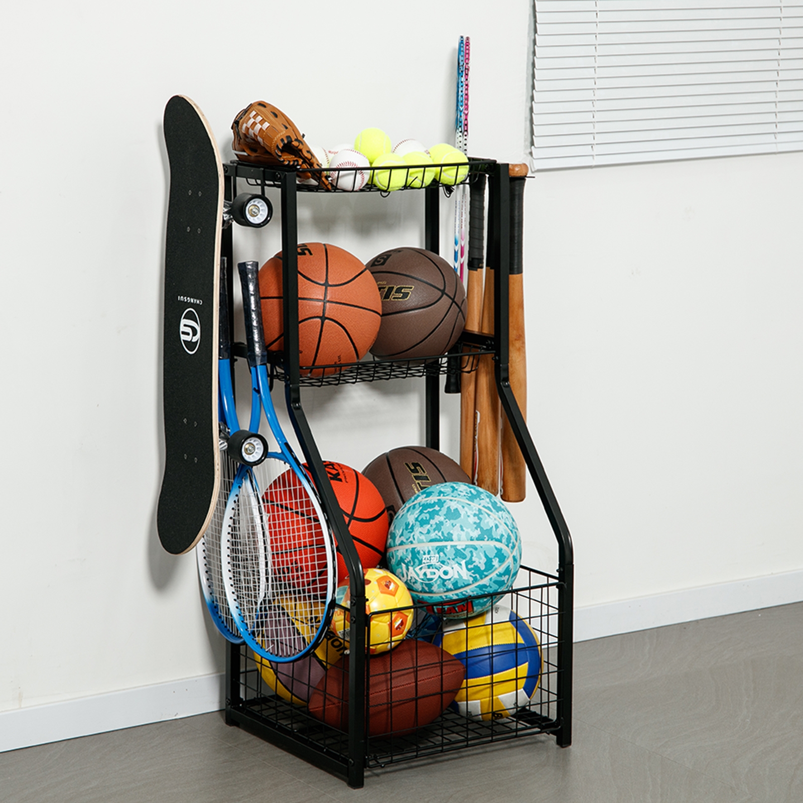 MLUPODY Rack Multi-livello Per Attrezzatura Sportiva - Porta Palloni In Ferro Nero, Capacità 9 Kg, 146x56x23,6 Cm, Per Basket, Palloni E Giocattoli