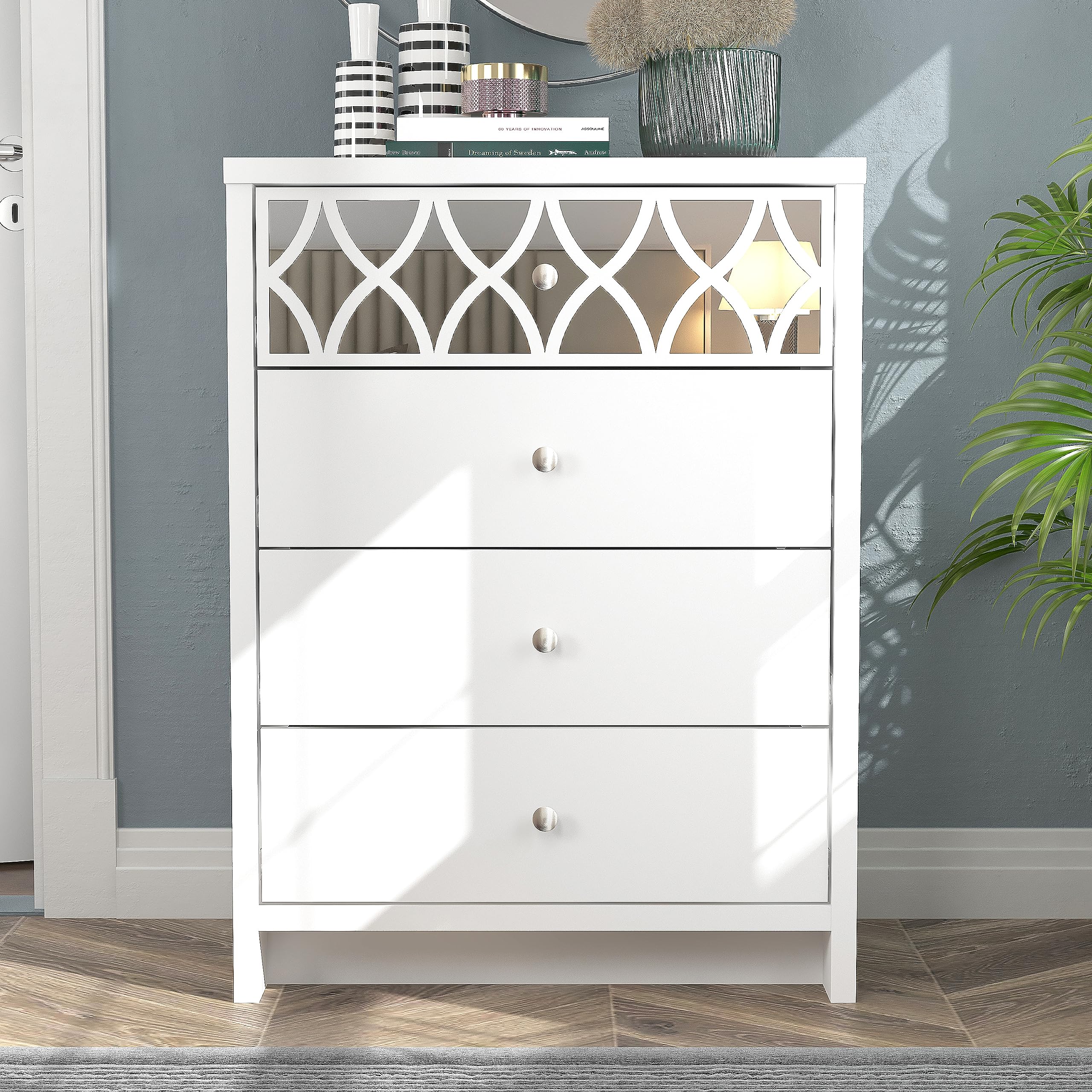 Galano Iris 4 Drawer Chest – Modern White Dresser with 1 Mirrored Drawer – Bedroom Storage Cabinet & Console for Entryway, Hallway, or Living Room Organizer