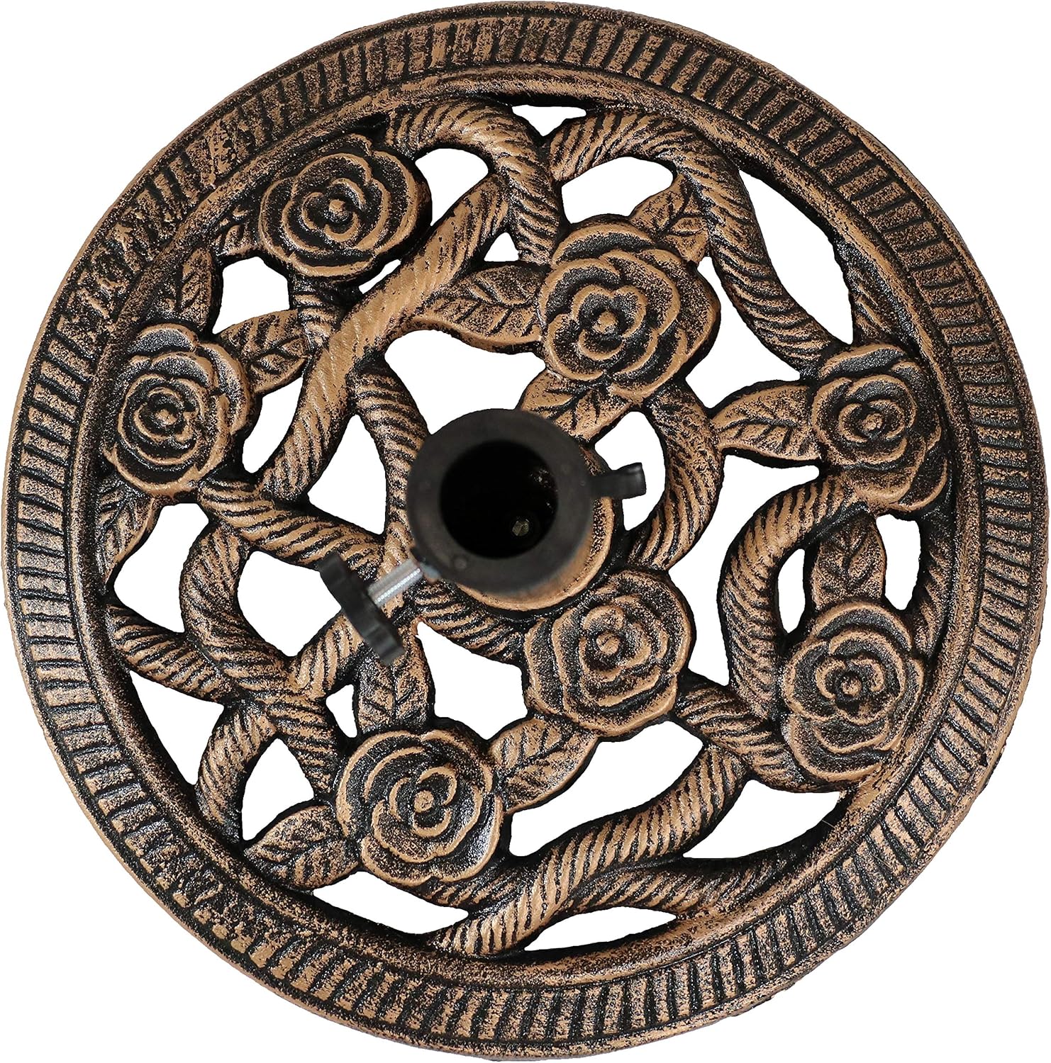 Sunnydaze 17lb Cast Iron Patio Umbrella Base - Heavy-Duty Round Metal Outdoor Market Umbrella Stand for Outside - 16-Inch - Bronze - Rose Blossom