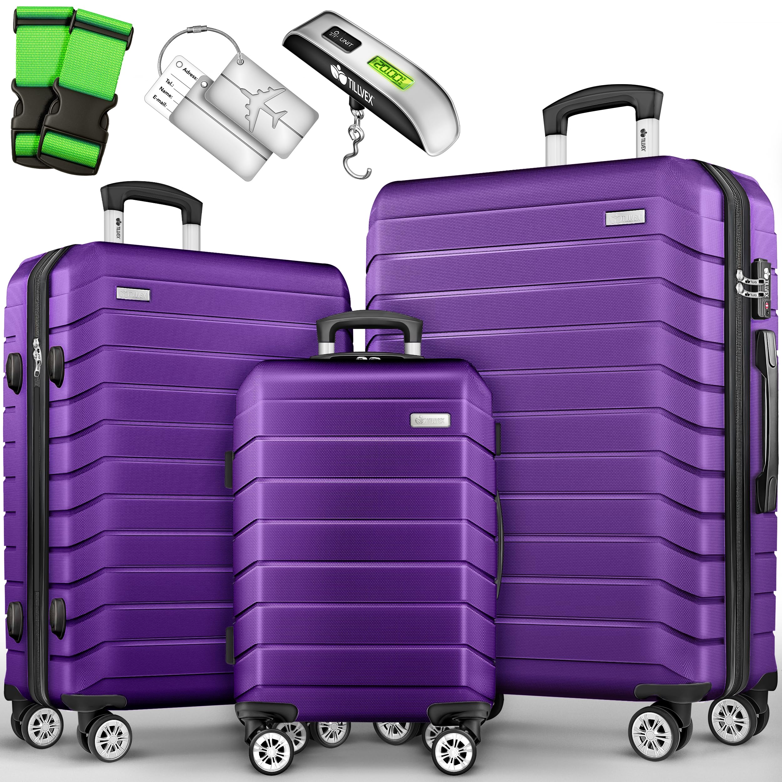 tillvex® Reisekoffer Set 3-TLG. + Gepäckwaage, 6X Koffergurte & 3X Kofferanhänger | Kofferset 4 Rollen | Trolley Gepäck Koffer TSA Schloss | Rollkoffer Hartschalenkofferset M-L-XL (Lila)
