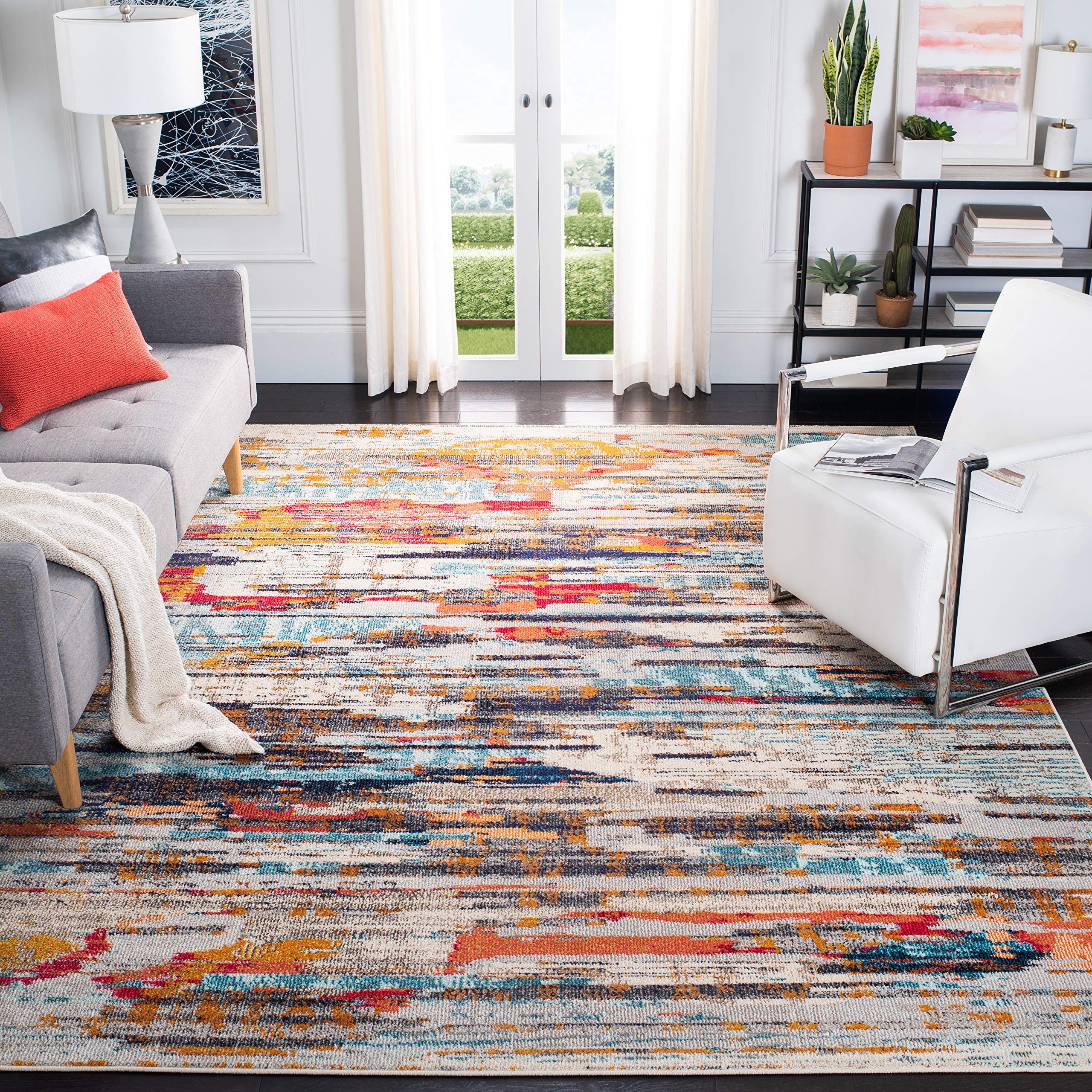 SAFAVIEH Madison Collection Area Rug - 9' x 12', Ivory & Multi, Boho Abstract Distressed Design, Non-Shedding & Easy Care, Ideal for High Traffic