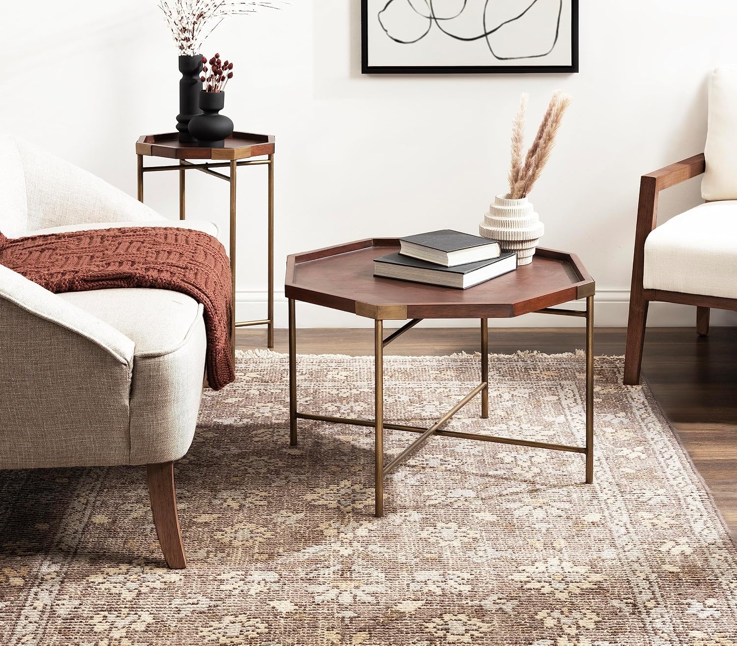 Kate and Laurel Occonor Mid-Century Octagon Side Table, 15 x 15 x 24, Walnut Brown and Gold, Geometric Living Room End Table with Metal Base and Wooden Tabletop