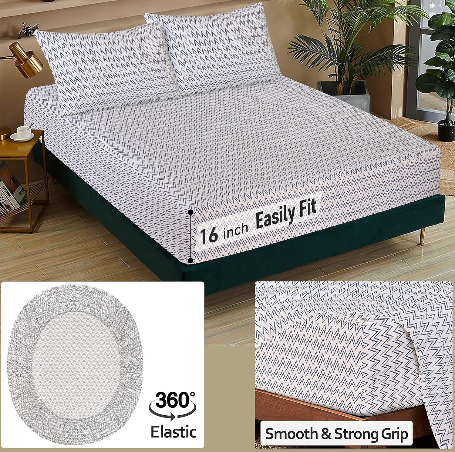 RUVANTI 100% Cotton Sheets – Full Size Percale Bedding, Cooling & Breathable Floral Design, Durable with a Crisp, Soft & Comfortable Feel, 16" Deep Pocket, 4-Piece Set, Chevron - Image 5