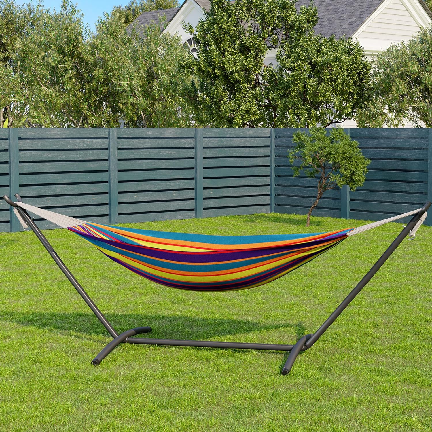 GarveeLife Double 2 Person Hammock, Indoor Outdoor Standing Hammock with Space Saving Steel Stand, Carry Bag, 450 LBS Weight Capacity, Suitable for Garden Camping Beach, Tropical