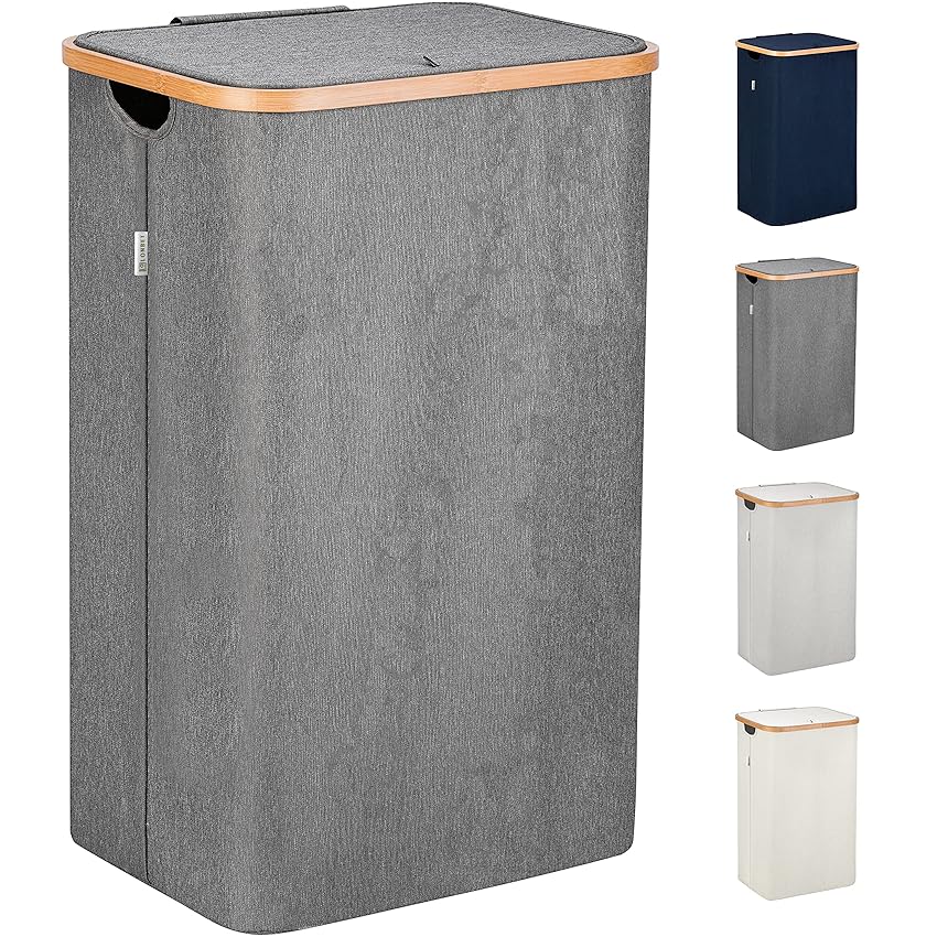 Immagine del prodotto Lonbet - Cesto Portabiancheria Sporca per Bagno Grigio - XL 100 L - Cesta Portabiancheria in Bambú con Coperchio - Porta Biancheria Sporca con Manici - Cesto Panni Sporchi