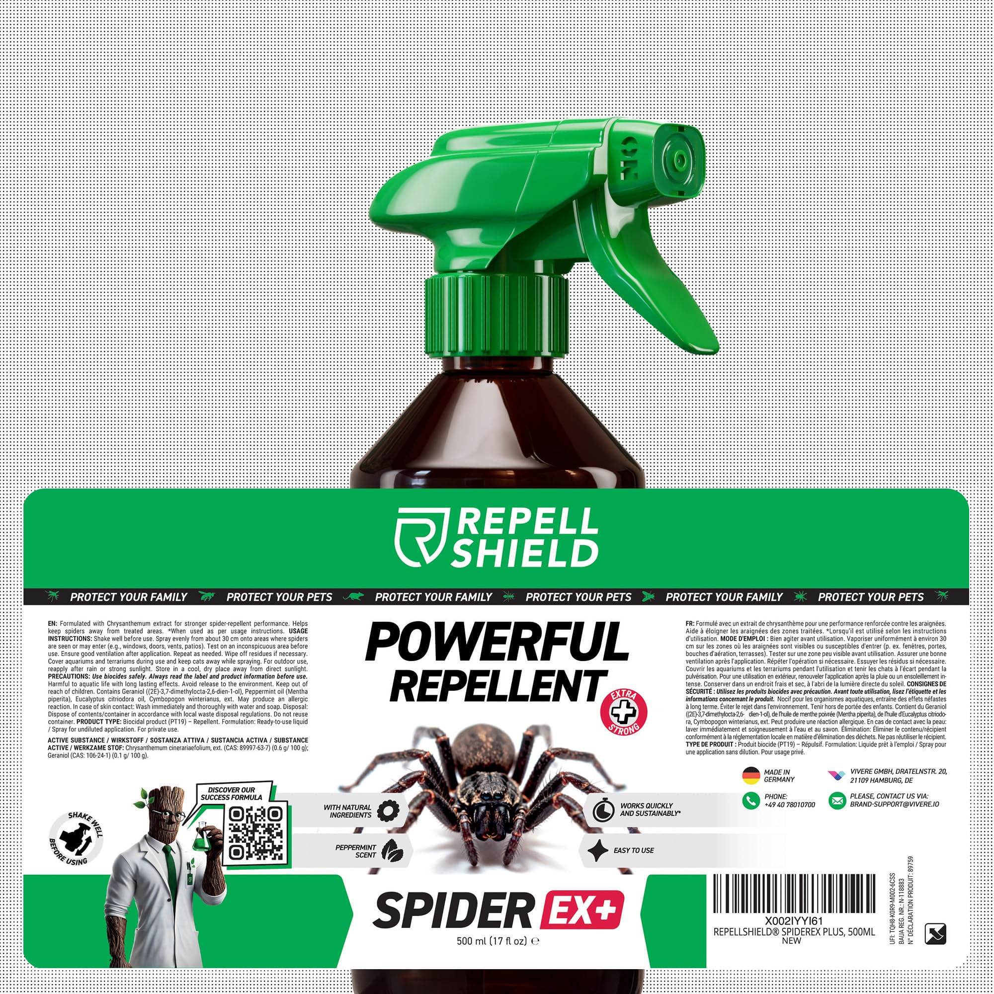 RepellShield® Spray Anti Araignées Maison & Jardin -500ml- Non Tachant, Prêt à l'Emploi, Usage Intérieur & Extérieur - Répulsif Araignée à la Menthe Poivrée, Géraniol, Extrait de Chrysanthème