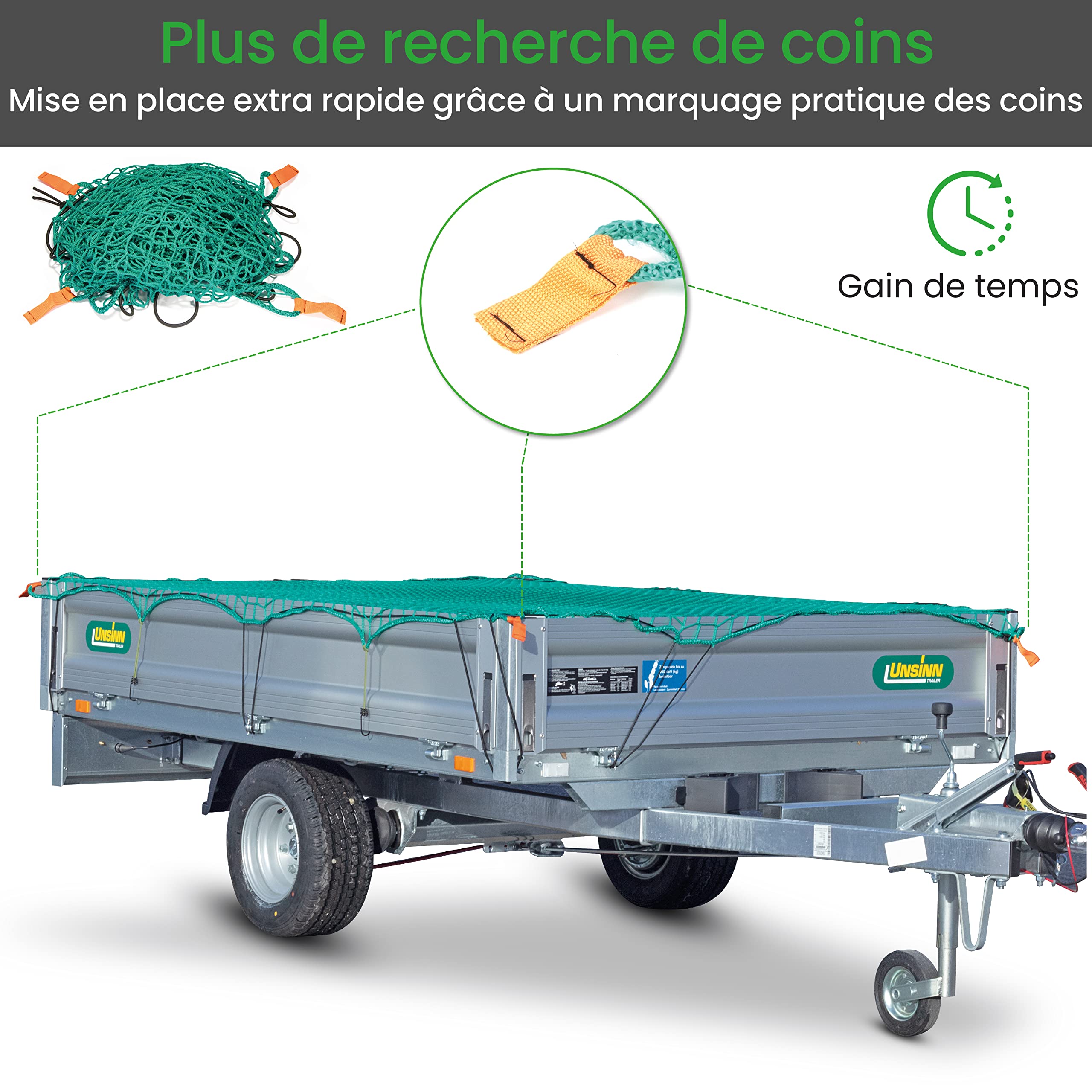 CargoVA® Filets de Remorque 220x150 cm - Filet de remorque avec Corde en Caoutchouc et marquage des Coins - Bache Remorque pour Une Sécurisation Parfaite du Chargement