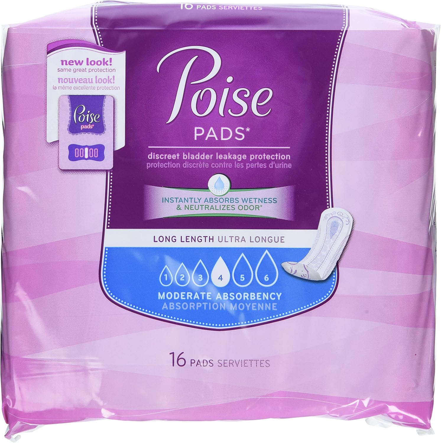 Poise Moderate Absorbency Incontinence Pads, Long, 16 Count (Pack of 6