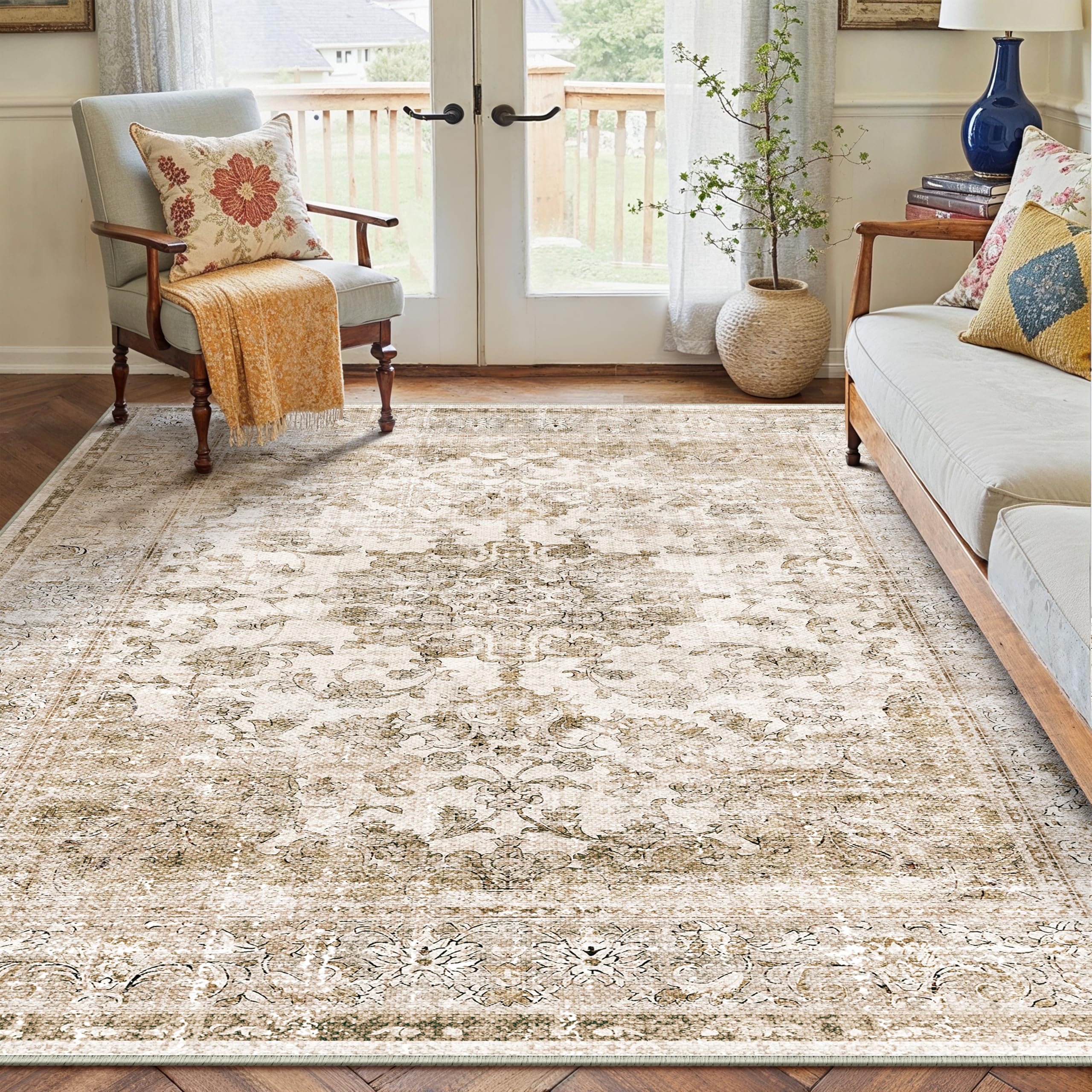 PureCozy Tappeto Salotto Moderno, Tappeti Camera Da Letto, 120x180 cm Tappeto Vintage Corridoio Antiscivolo Lavabile Pelo Corto per Cucina, Soggiorno, Ufficio, Interno,Marrone