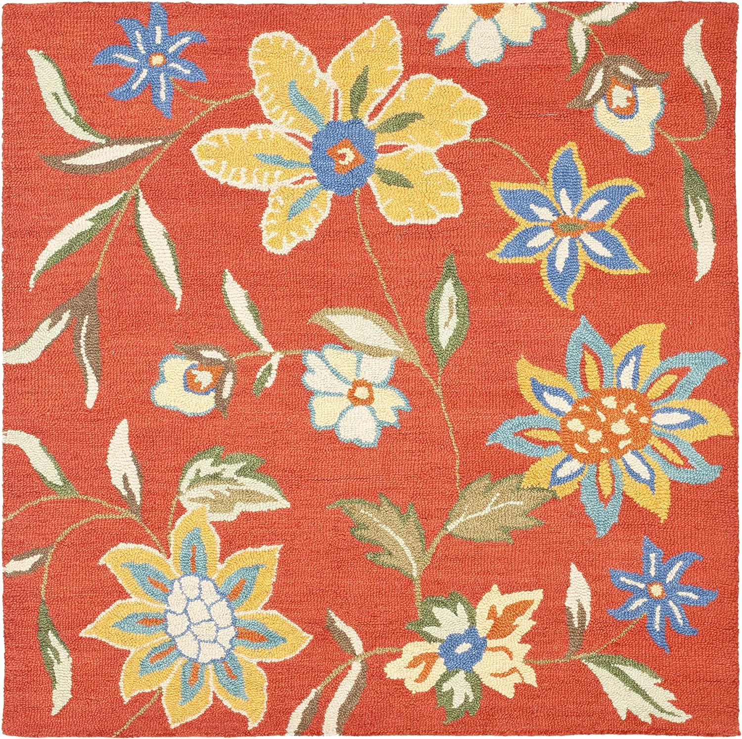 Handmade Blue Floral Wool Square Area Rug