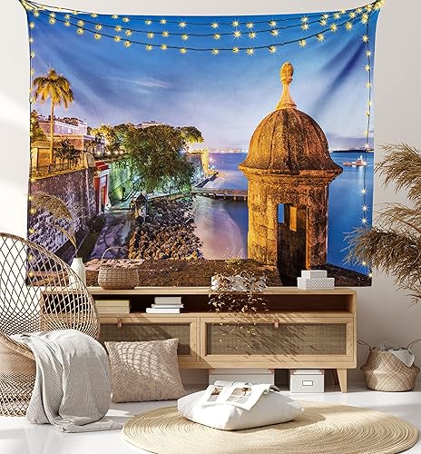 Miniatura 8 de Lunarable Tapiz de Puerto Rico, Coast at Paseo de la Princesa estilo retro con elementos arquitectónicos, decoración de tela para colgar en la pared