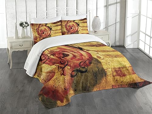 Ambesonne Juego de colcha de rosas, teclado de piano de fondo vintage y tema de arte de amor melódico Grand Majestic Flora, colcha decorativa de 3
