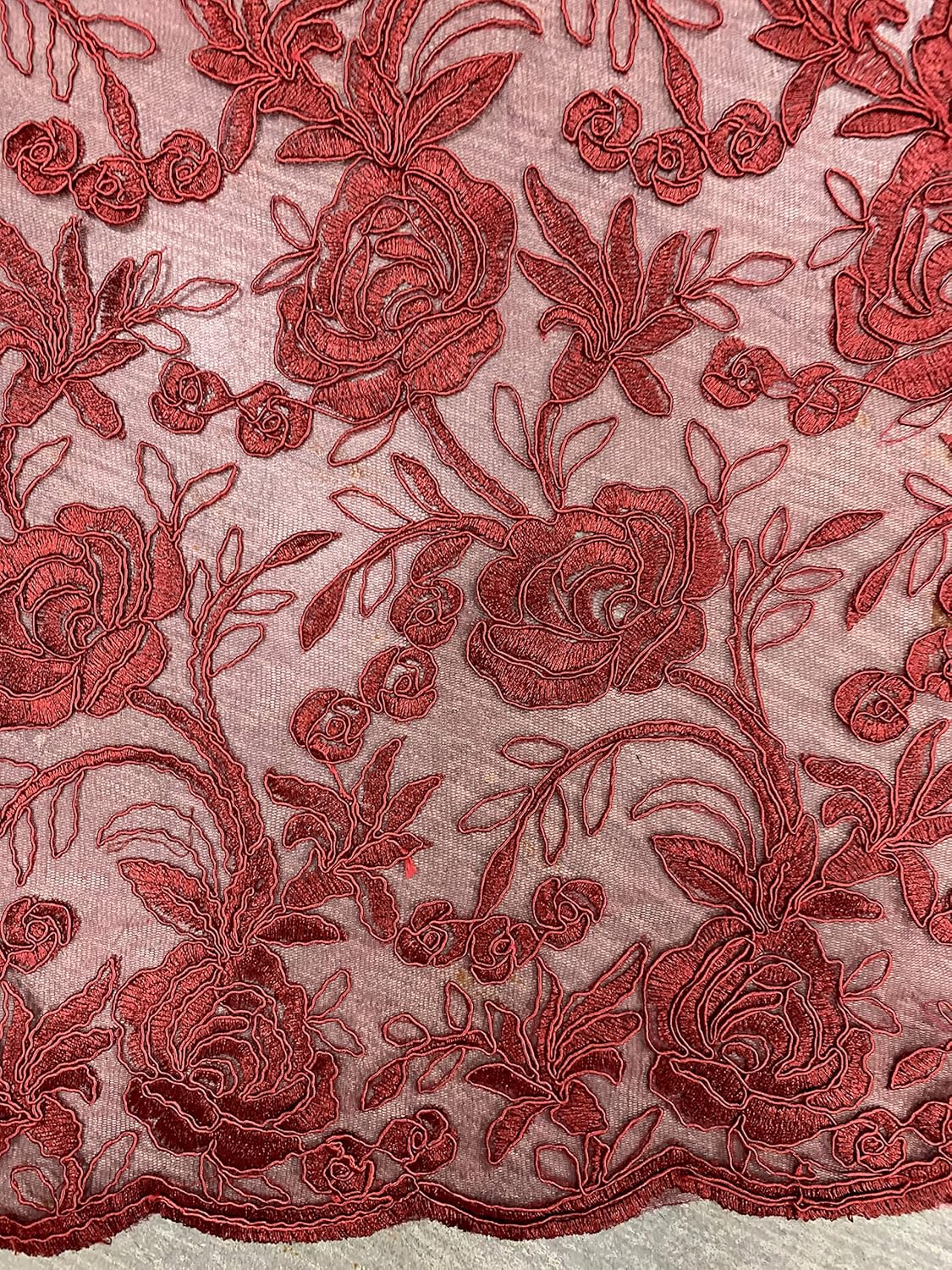 Dakota Burgundy Polyester Corded Floral Embroidery on Mesh Lace Fabric by The Yard - 10043