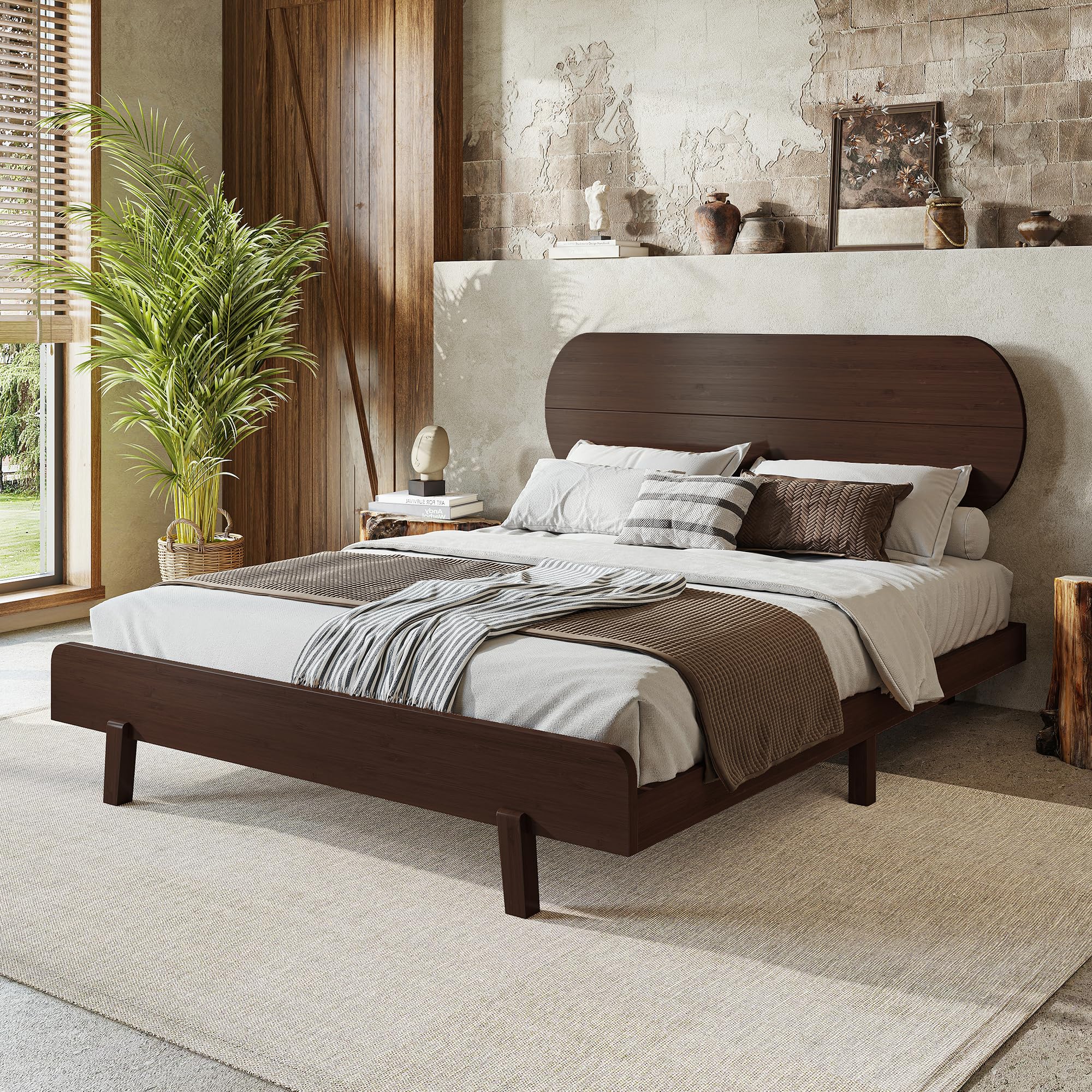Bellemave Bamboo Queen Platform Bed with Round-Shaped Headboard and Little Footboard, Solid Bamboo-Made Queen Bed Frame with Support Slats for Bedroom