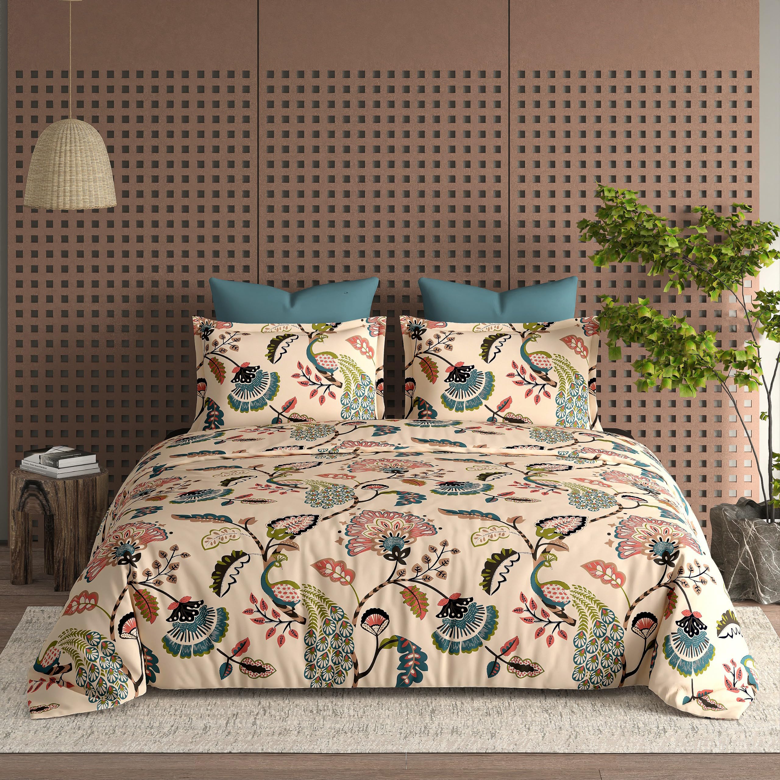 LOOMLYFE 300 TC All Season King Size AC Comforter || Blanket || Duvet with 1 King Size Elastic Fitted Bedsheet and 2 Large Pillow Cover - 4 Piece Comforter Set - BeigeAnokhi