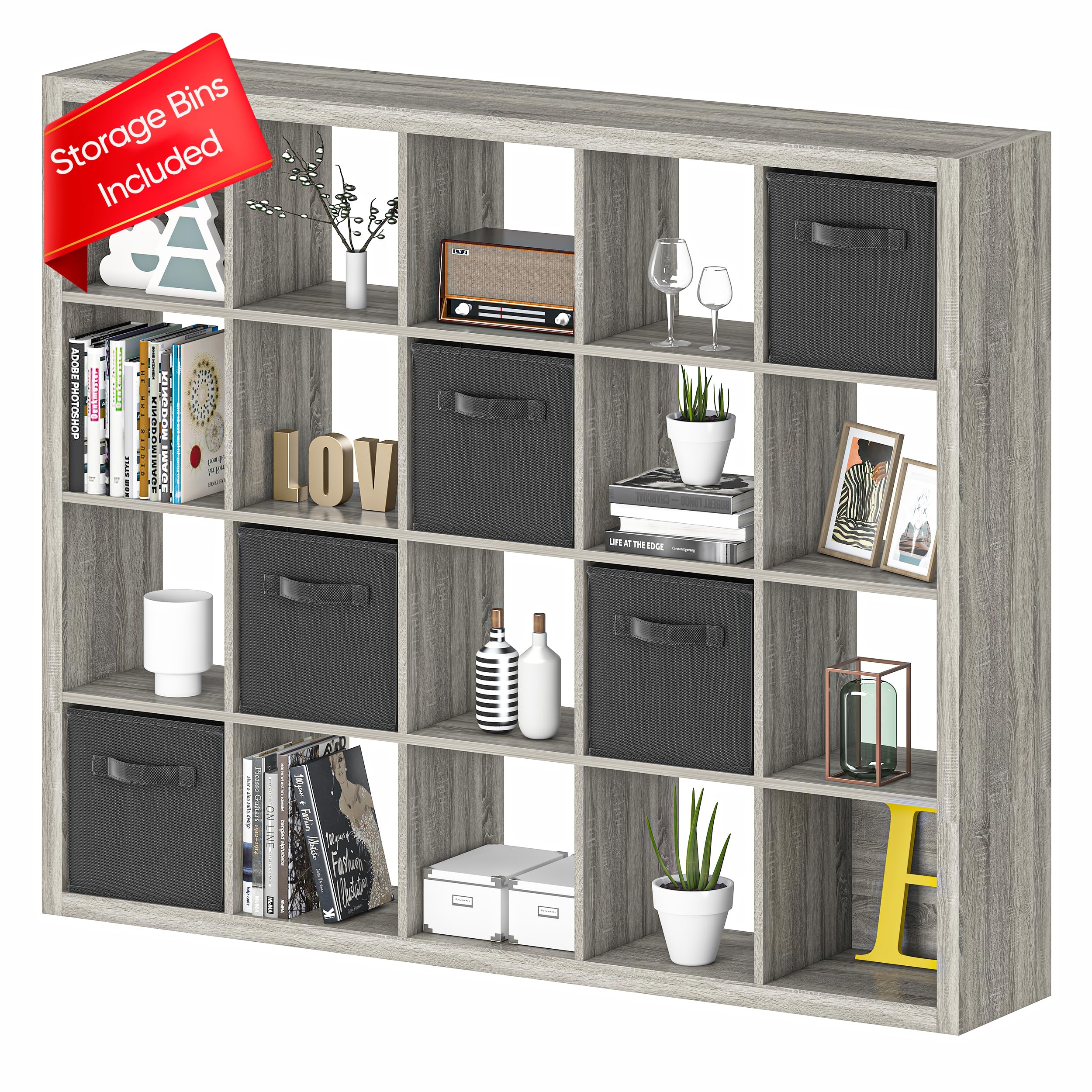 Bookshelf with Storage Bins, 20-Cube Storage Organizer with Back Panels, Modern Wood Open Bookcase, Multifunctional Display Shelf for Living Room, Bedroom, Home Office, Grey Oak
