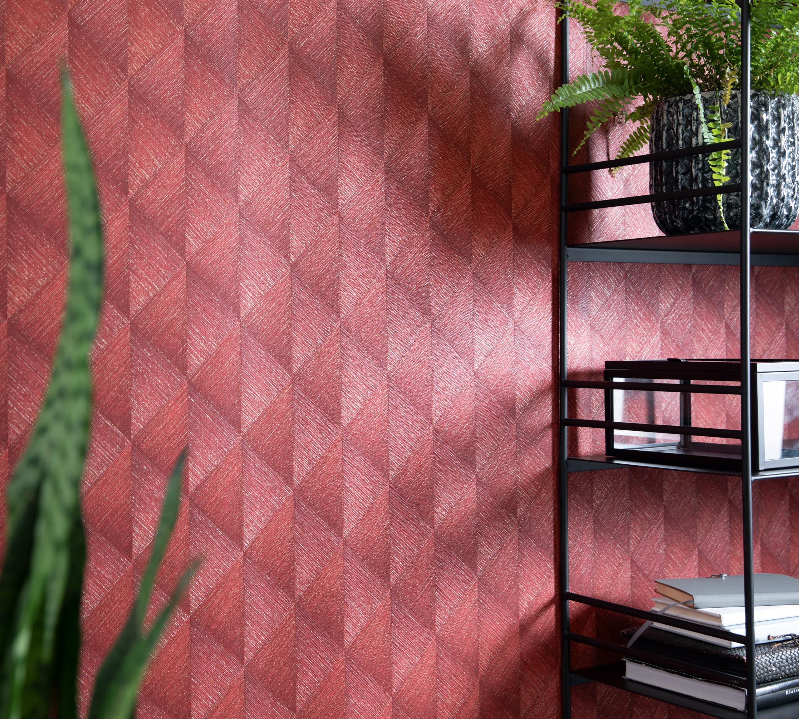 Rasch Tropical House 687965 - Papel pintado, diseño geométrico en 3D, color rojo y dorado
