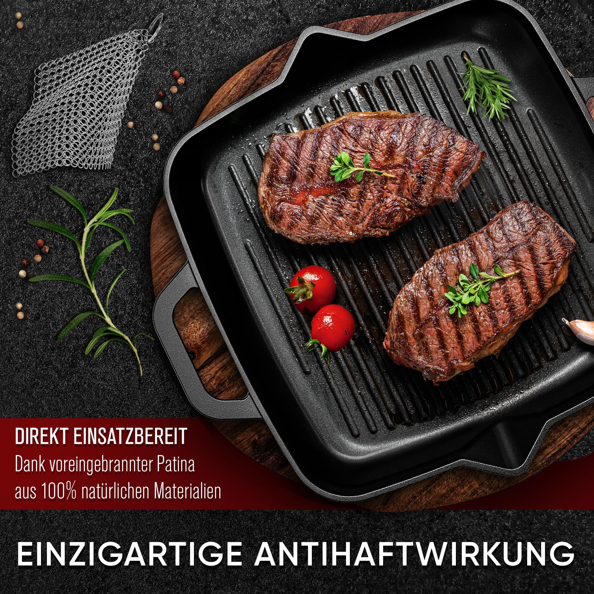GUSSKÖNIG Gusseisenpfanne - 30cm Pfanne Gusseisen - Grillpfanne Gasgrill - Eingebrannte Gusseisen-Pfanne - Cast Iron Pan - Robuste Gusspfanne+Pflegepaste, Ringreiniger & Rezeptbuch - 30 Jahre Garantie