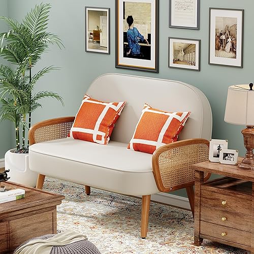 Miniatura 6 de Aklaus Sofá biplaza pequeño de piel sintética de 45 pulgadas de ancho con brazos de ratán natural, mini sofá tapizado moderno con respaldo para sala
