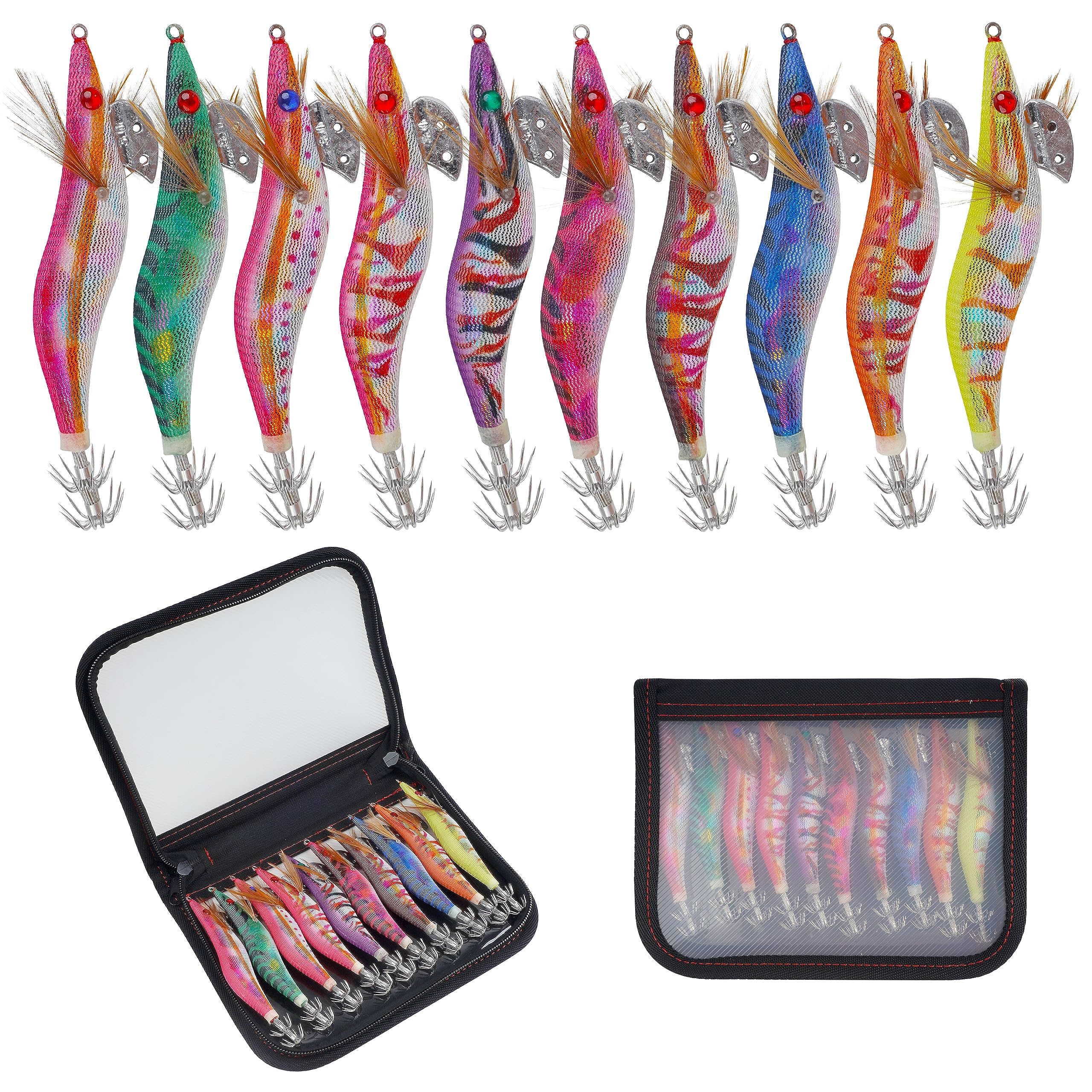 Squid Jig Sea Fishing Lures Kit,10pcs Luminous Squid Lures Glow Jigs Hook Wood Shrimp Hard Lure Baits Octopus Cuttlefish Saltwater Fishing Lure Tackle Set (3.0#-12cm)