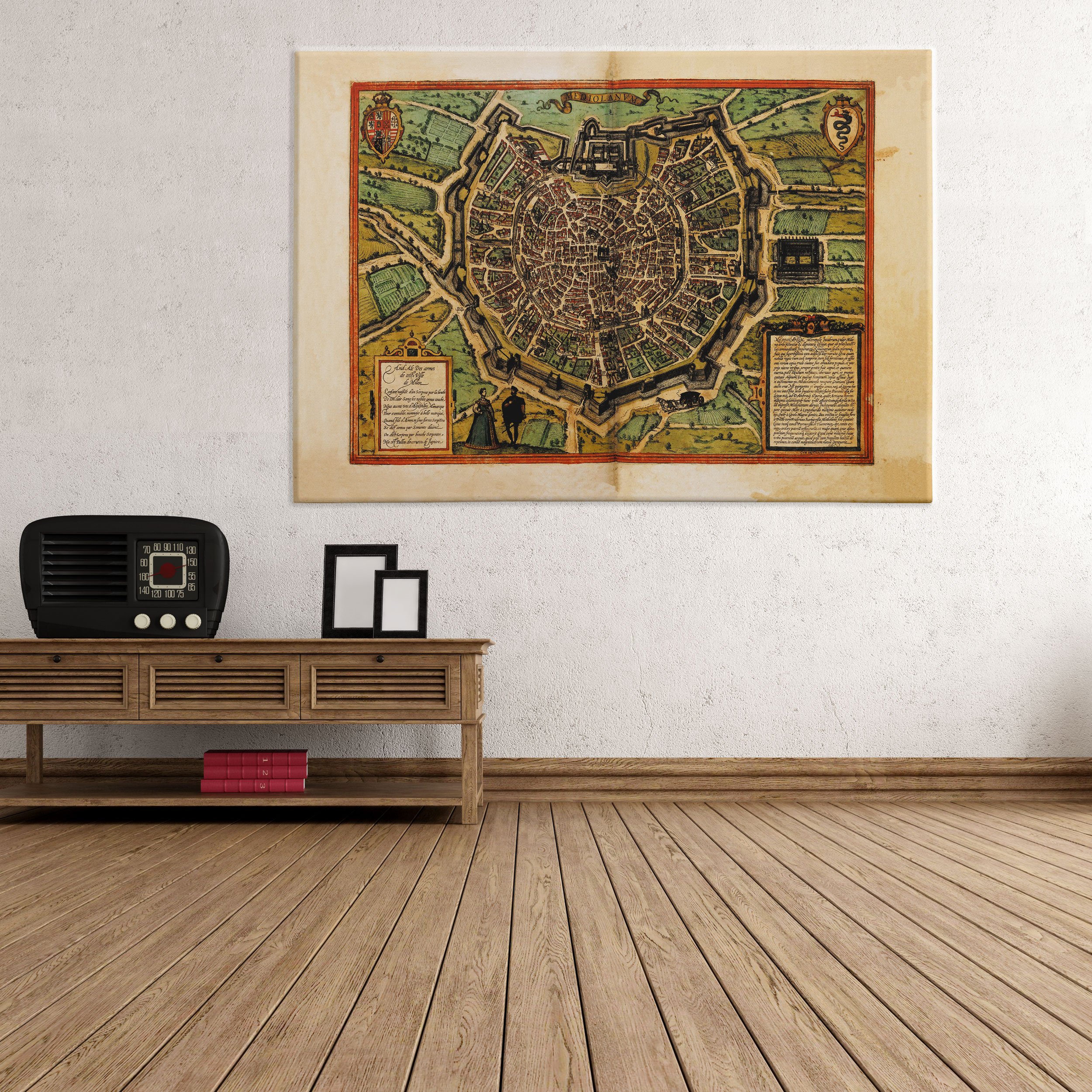 Cuadro sobre lienzo – Con bastidor – Listo para colgar – Mapa antiguo – Milán Edad Media – Medieval – Mediolanum.