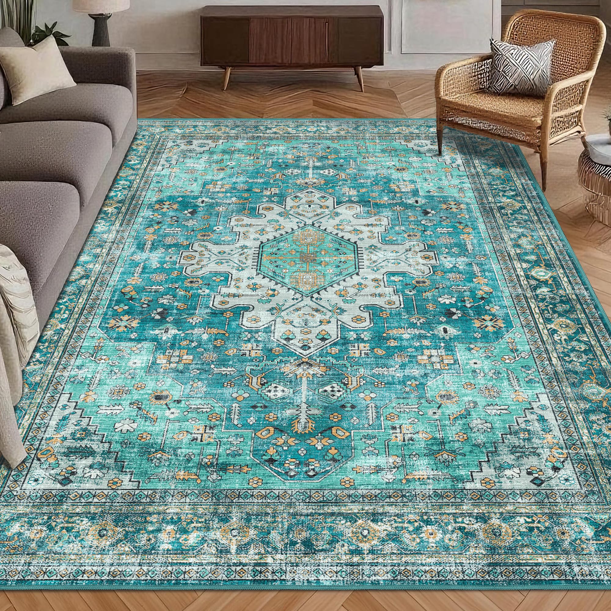 Washable Area Rug 6' x 9' Vintage Traditional Persian Mat - Foldable Distressed Non-Slip Machine Washable Carpet for Living Room Bedroom Kitchen Home Decor - Teal and Gold