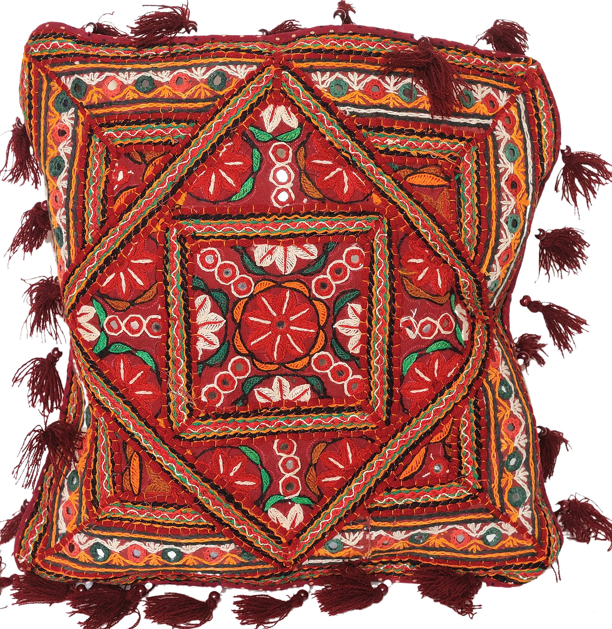Exotic India Maroon Cushion Cover from Kutch with Embroidered Flowers - Pure Cotton-image-45