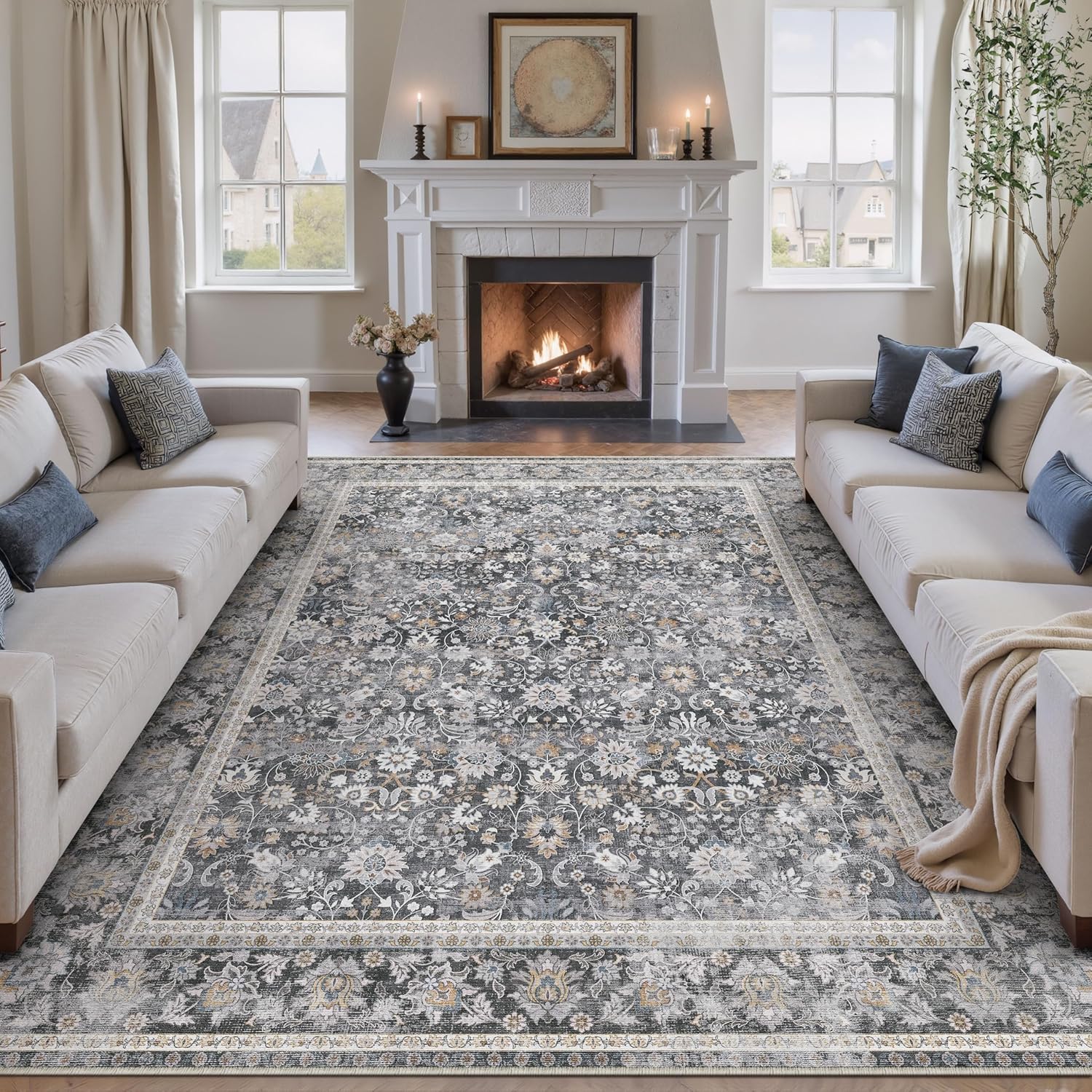 HUGEAR 6x9 Machine Washable Rugs Black Grey Hallway Large Area Rug Indoor Accent Rug Floral Low Pile Carpet Soft Throw Aesthetic Rug Bedroom Living Room Office Dining Room Kitchen Laundry Room Floral | Black/Grey 6' x 9' (Rectangular)