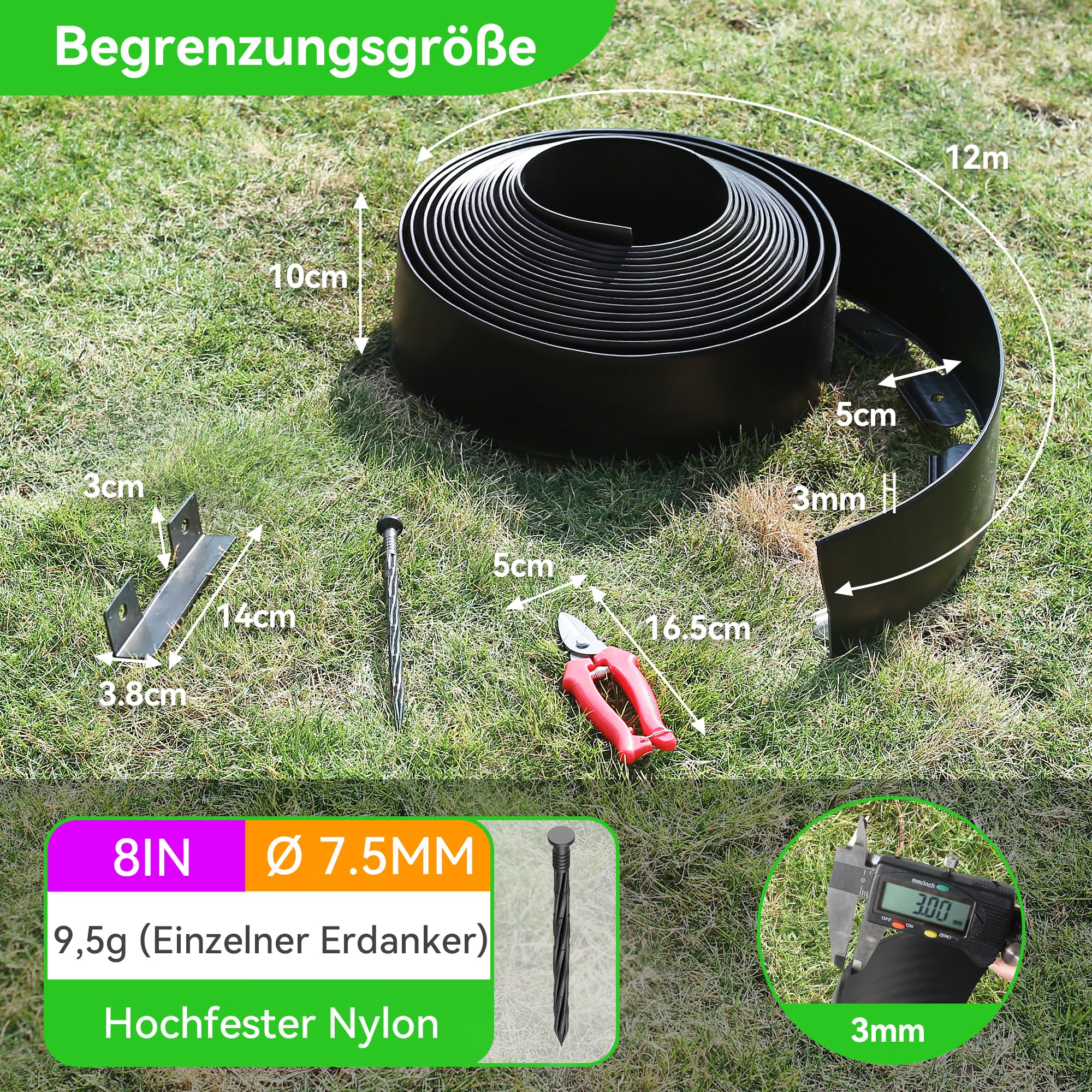 10cm Hoch 12m Kein-Graben Rasenkante mit 60 Stück 20cm Kunststoff Erdanker & 4 Verbindungsstücke – Garten Rasenkanten-Set mit Schere für Landschaftsbau, Rasen, Blumenbeete und Garten