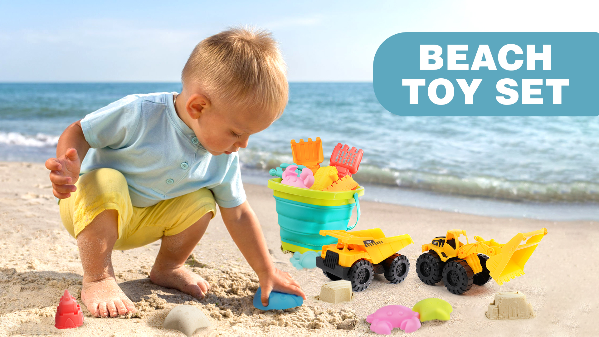 Joyreal 46 Pezzi Gelato Giochi Sabbia Spiaggia Bambini - Giocattoli con Borsa Rete, Stampi per Dolce, Paletta e Secchiello Mare