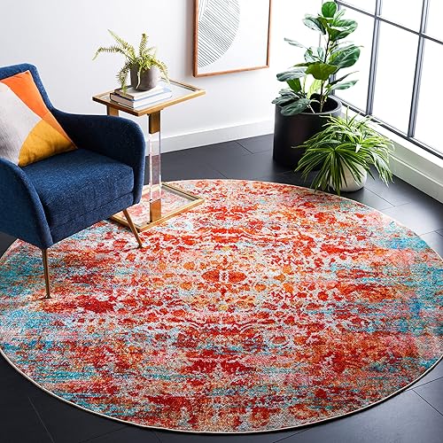 SAFAVIEH Bahia Collection - Alfombra redonda, 6 pies 7 pulgadas, azul claro y rojo, diseño bohemio sobreteñido, no desprende pelusa y de fácil