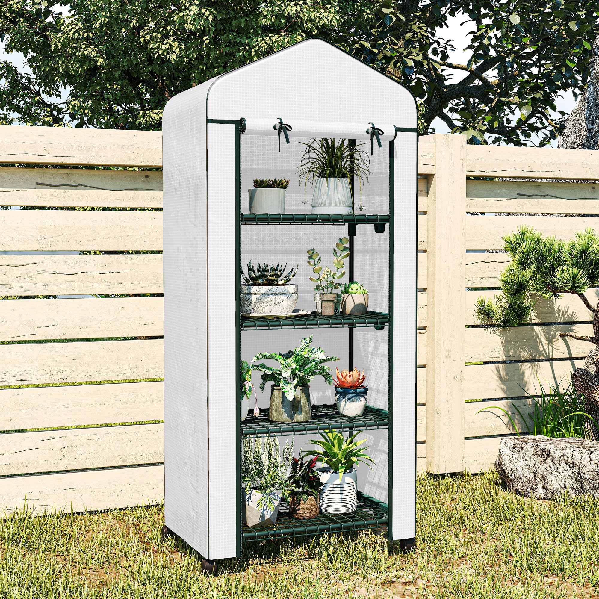 Serra Outsunny con rotolo, ripiani, serra in film d'acciaio resistente all'inverno, serra per balcone, giardino, casa per pomodori 69 x 50 x 165 cm, serra per pomodori, fiori, piante, bianco