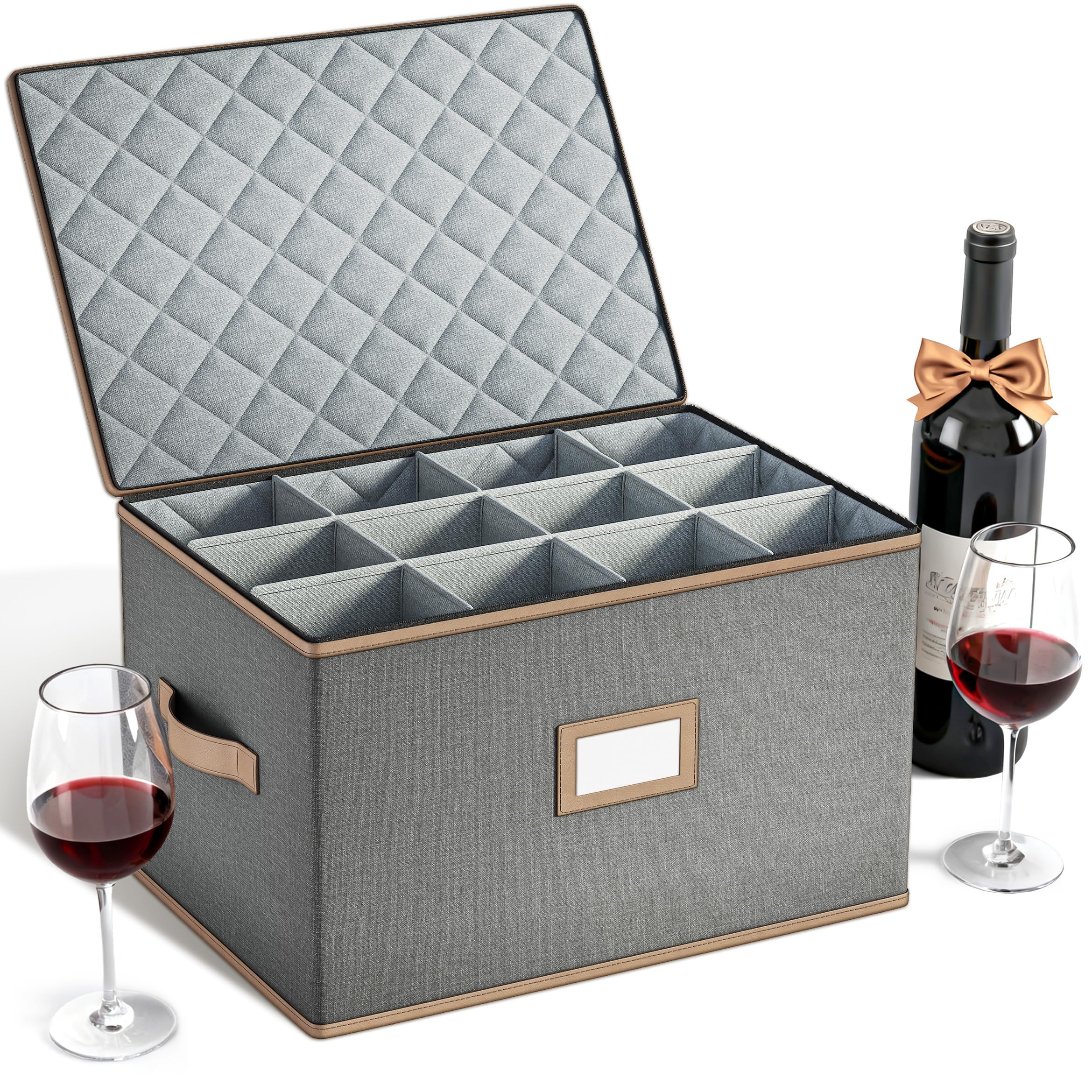 - Wine Glass Storage Box with Dividers, Quilted Hard Shell Organizer for Stemware and Glassware Sets, Ideal for Storage and Moving Supplies, 1-Pack, Grey