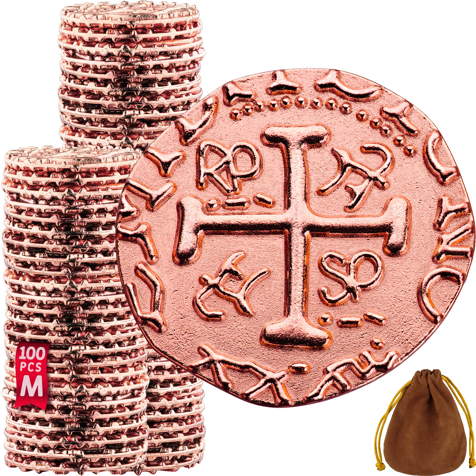 Large Metal Pirate Coins, 100 Rose Gold Treasure Coin Set, Metal Replica Spanish Doubloons for Board Games Tokens, Toys