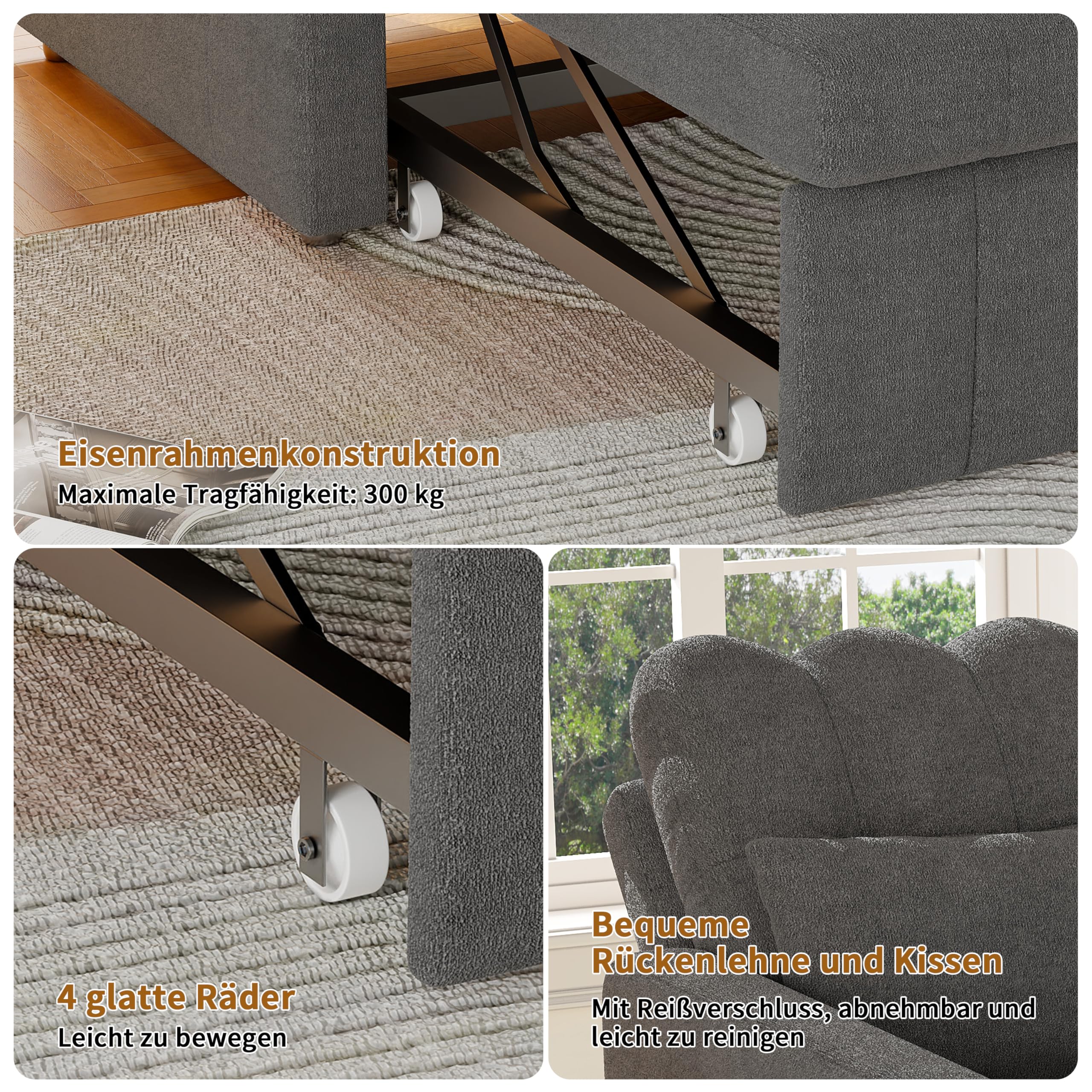 Schlafsessel 3 in 1,schlafsessel mit bettfunktion Ausziehbares Schlafsofa Schlaferstuhl mit Verstellbarer Rückenlehne Sessel mit Schlaffunktion GäStebett Klappbar mit Seitentasche (Grau)