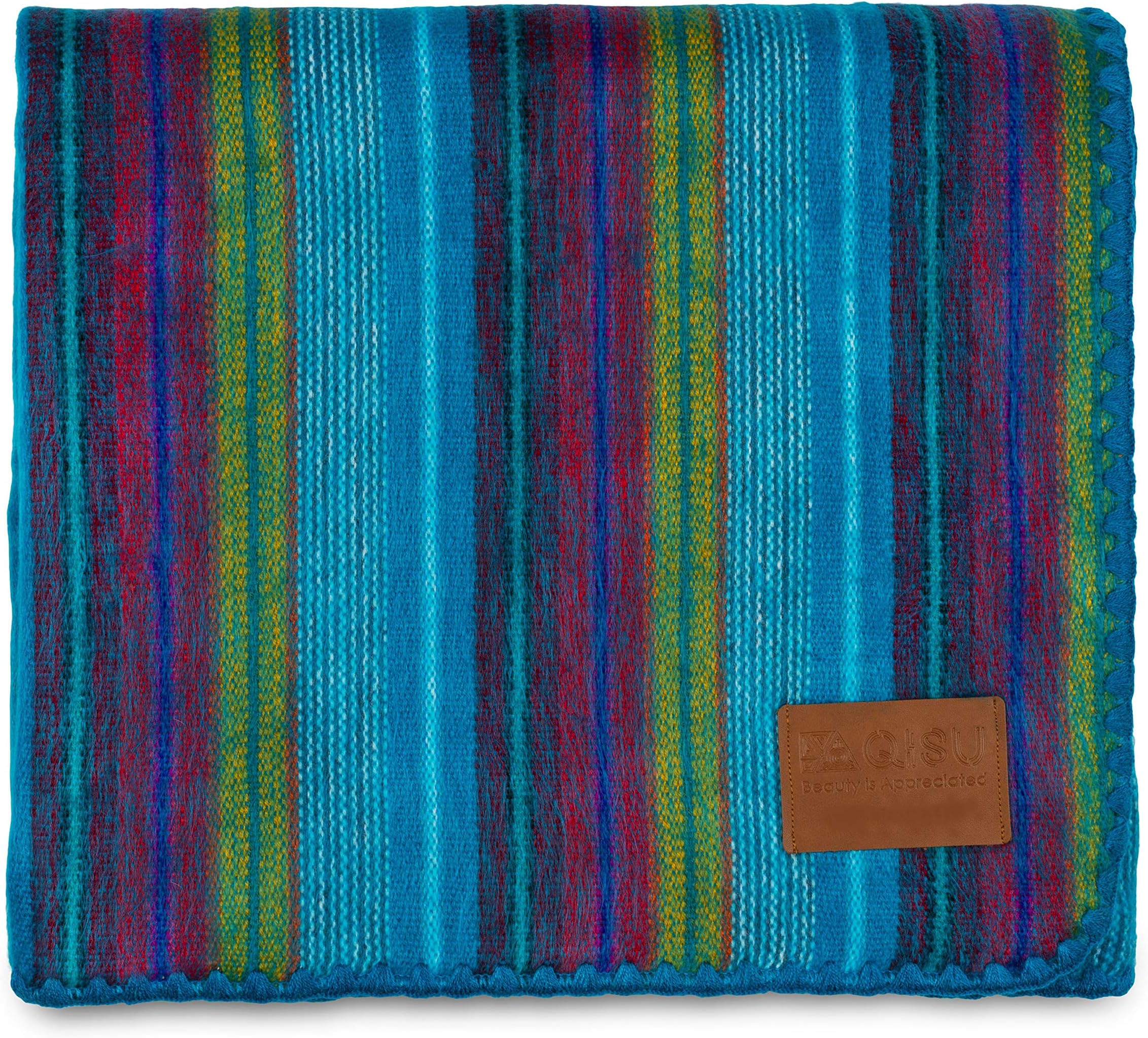 QISU Alpaca Wool Blanket Throw | Large, Beautiful, Warm, Variegated | 85 x 65 inches | Ultra-Soft, Hypoallergenic and Breathable | Non-Itchy or Scratchy Fabric (Blue Variegated)