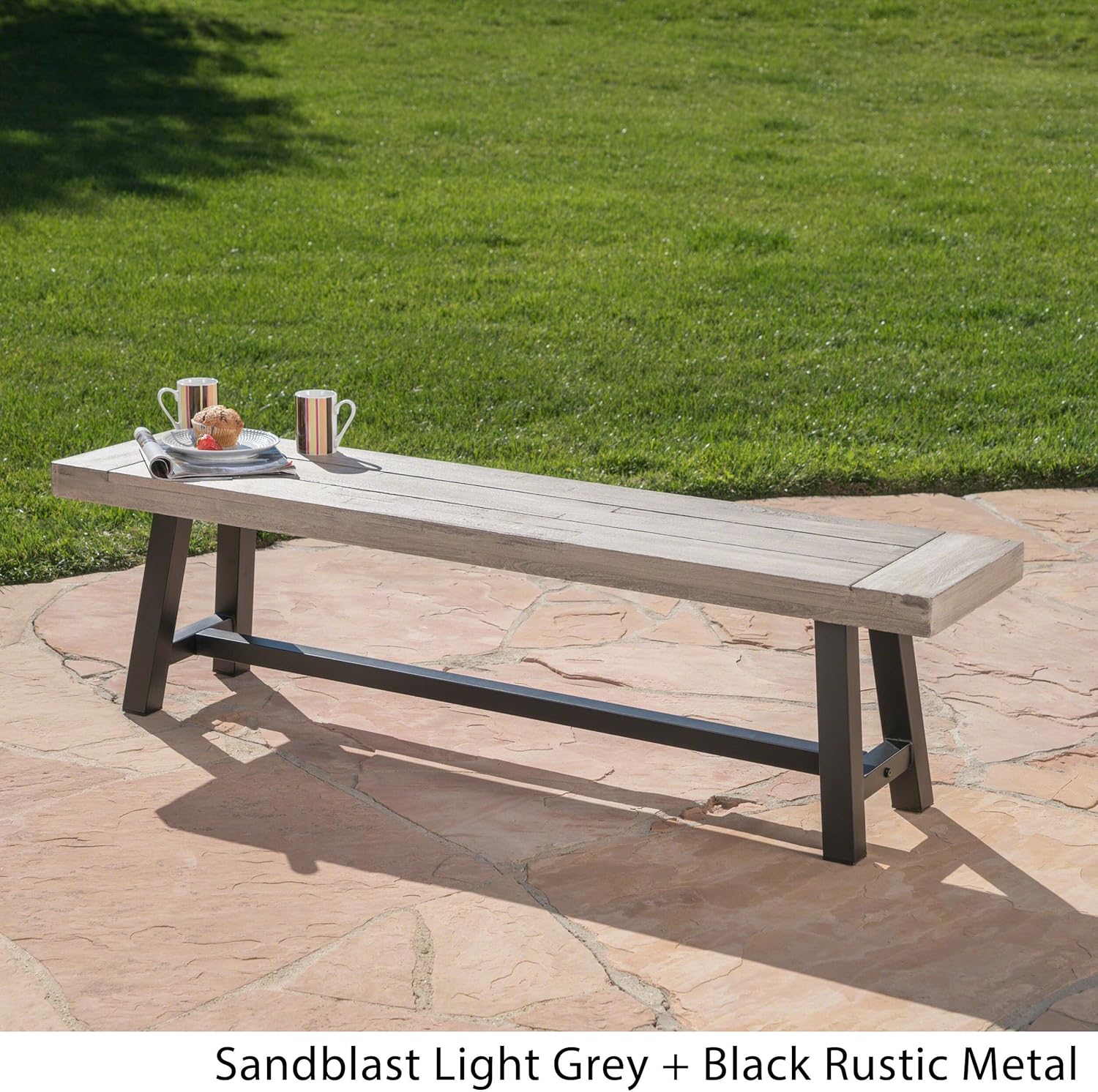Great Deal Furniture Cassie Outdoor Light Grey Sandblast Finish Acacia Wood Dining Bench with Black Rustic Metal Finish Frame