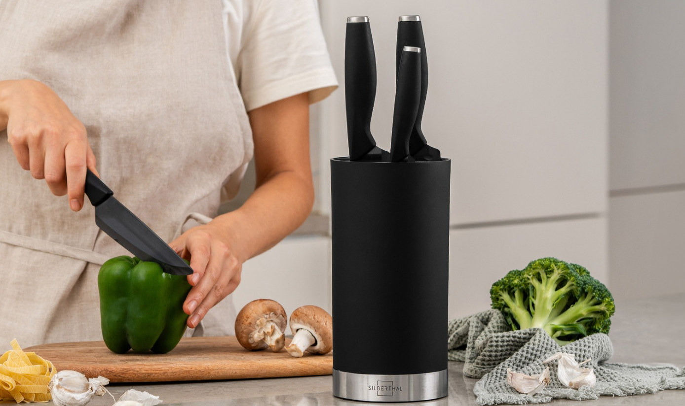 Kela Acida Blocco Portacoltelli Con 5 Coltelli Da Cucina In Acciaio Inox E Inserti In Plastica Grigia
